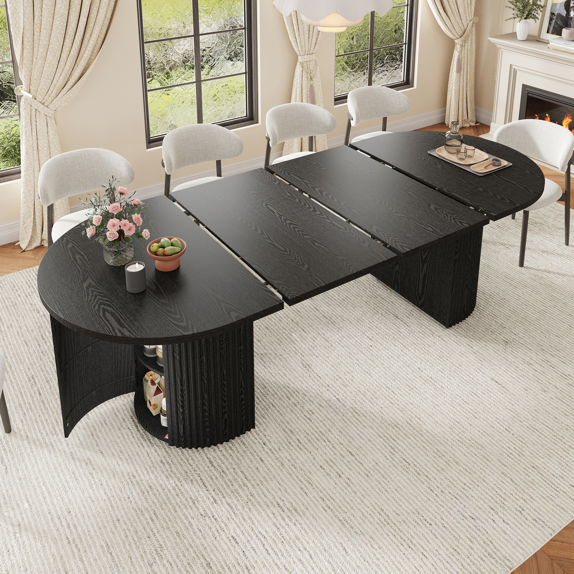 ChVans 55"-95" Extendable Oval Dining Table with Storage for 6 10 12, Modern Farmhouse Kitchen Table with Roman Column Leg, Large Wood Dining Room Table