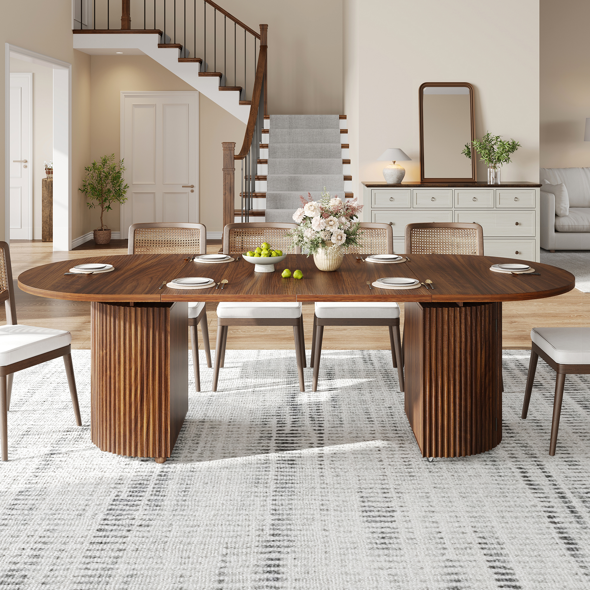 ChVans 55"-95" Extendable Oval Dining Table with Storage for 6 10 12, Modern Farmhouse Kitchen Table with Roman Column Leg, Large Wood Dining Room Table