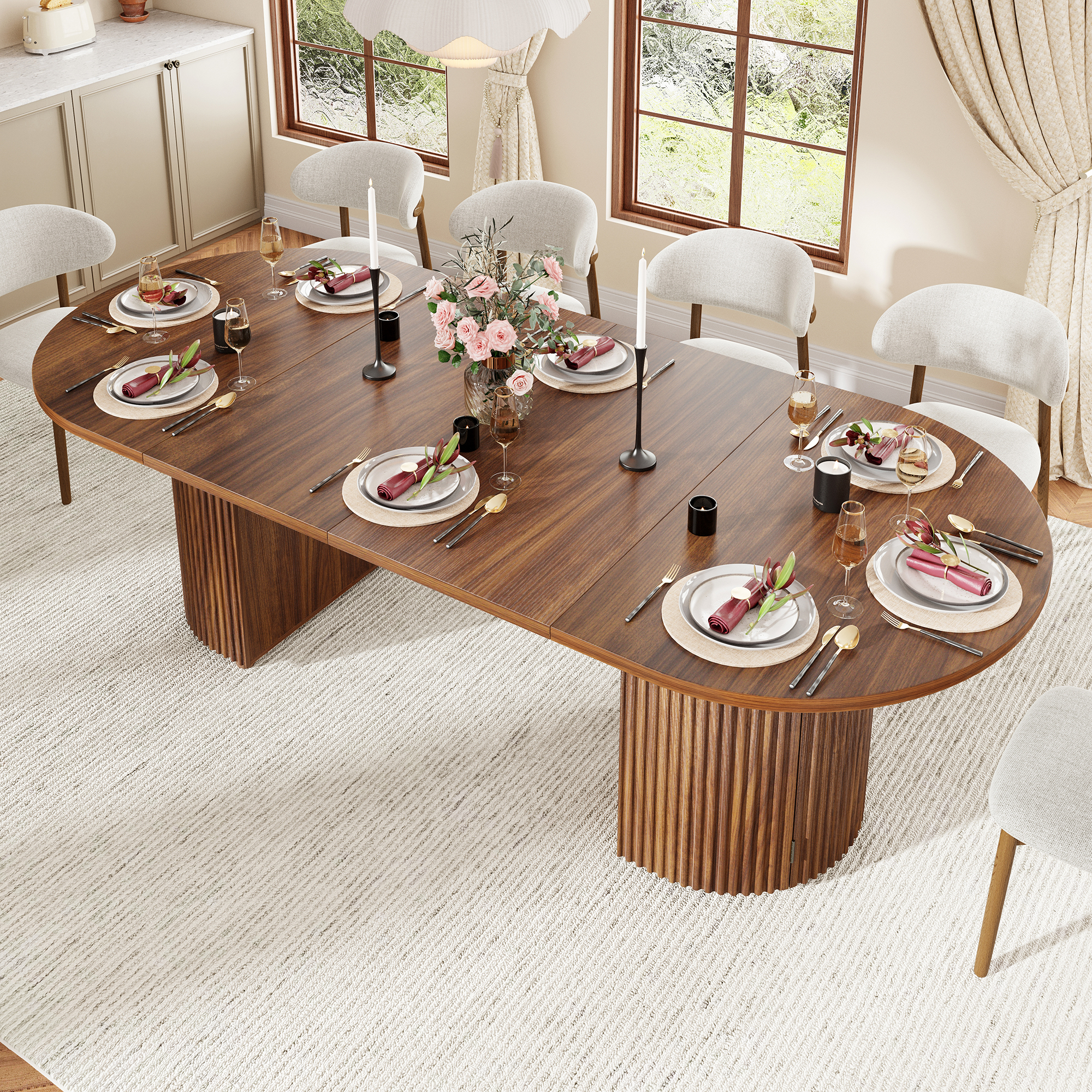 ChVans 55"-95" Extendable Oval Dining Table with Storage for 6 10 12, Modern Farmhouse Kitchen Table with Roman Column Leg, Large Wood Dining Room Table