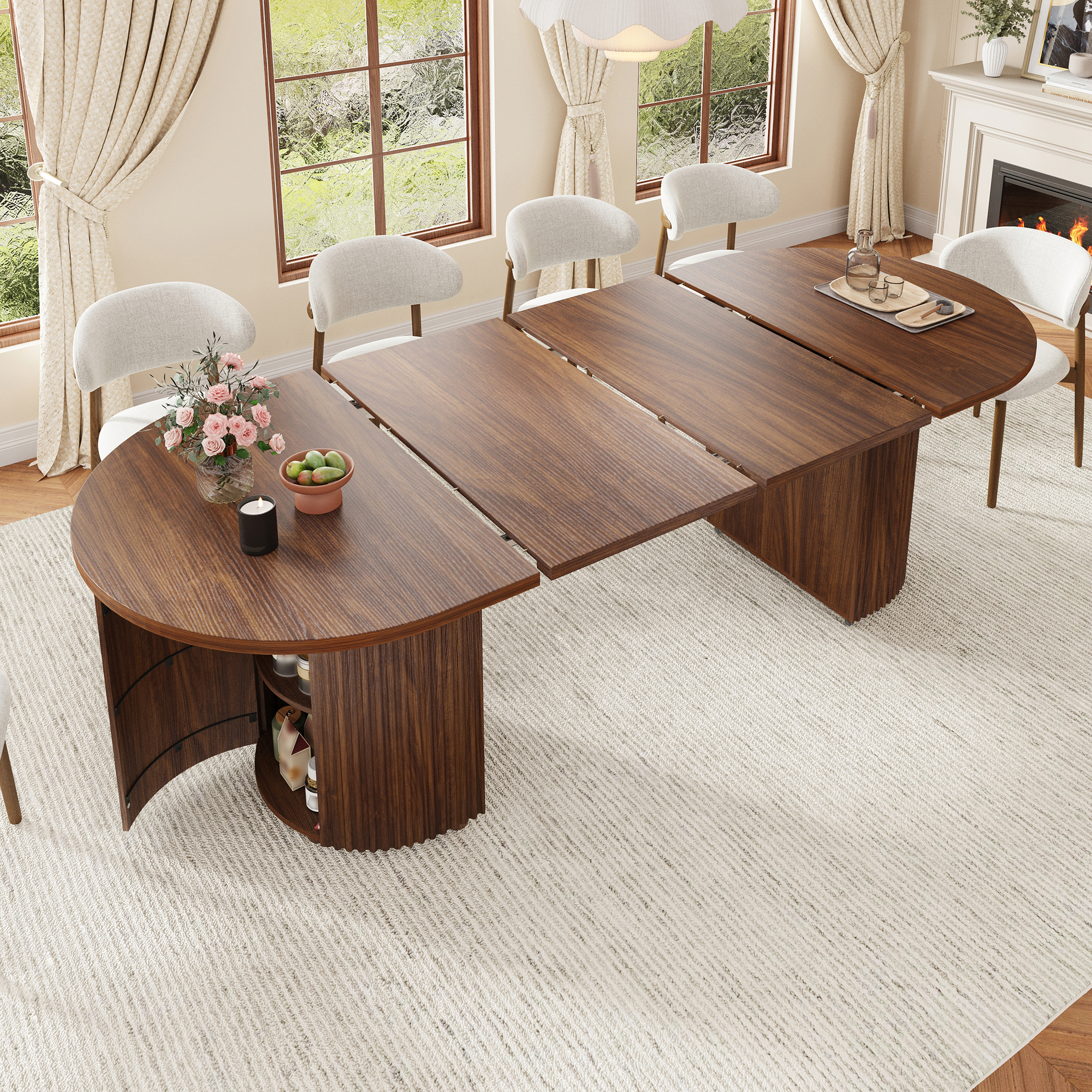 ChVans 55"-95" Extendable Oval Dining Table with Storage for 6 10 12, Modern Farmhouse Kitchen Table with Roman Column Leg, Large Wood Dining Room Table