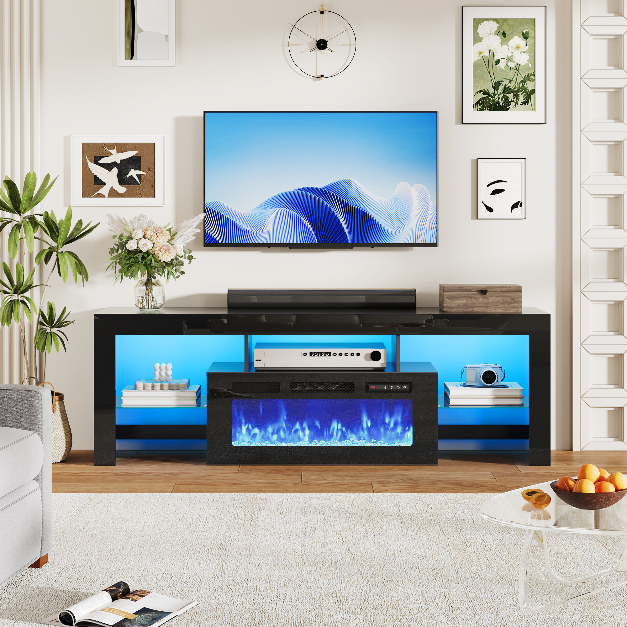 ChVans 71" Fireplace TV Stand for up to 80 inch TVs, Entertainment Center with 36" Electric Fireplace with LED Light, Adjustable Glass Shelves for Living Room & Bedroom