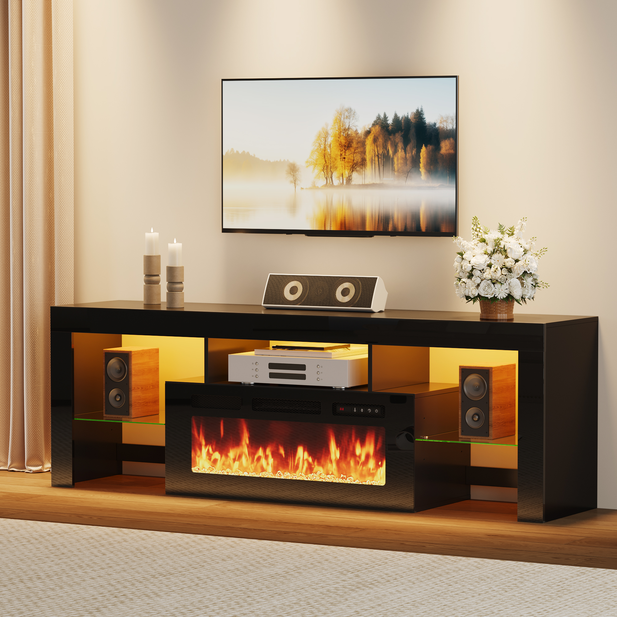 ChVans 71" Fireplace TV Stand for up to 80 inch TVs, Entertainment Center with 36" Electric Fireplace with LED Light, Adjustable Glass Shelves for Living Room & Bedroom