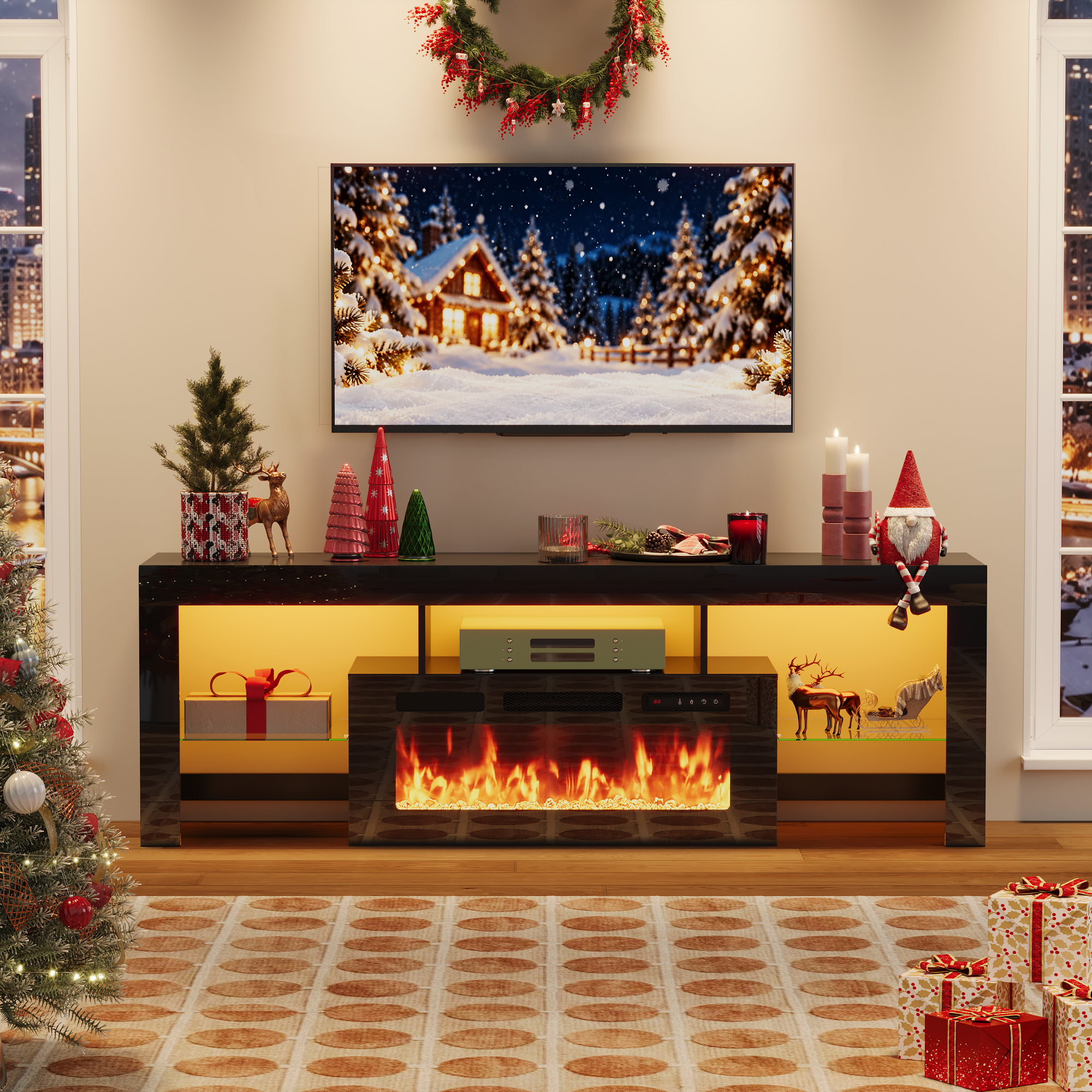 ChVans 71" Fireplace TV Stand for up to 80 inch TVs, Entertainment Center with 36" Electric Fireplace with LED Light, Adjustable Glass Shelves for Living Room & Bedroom