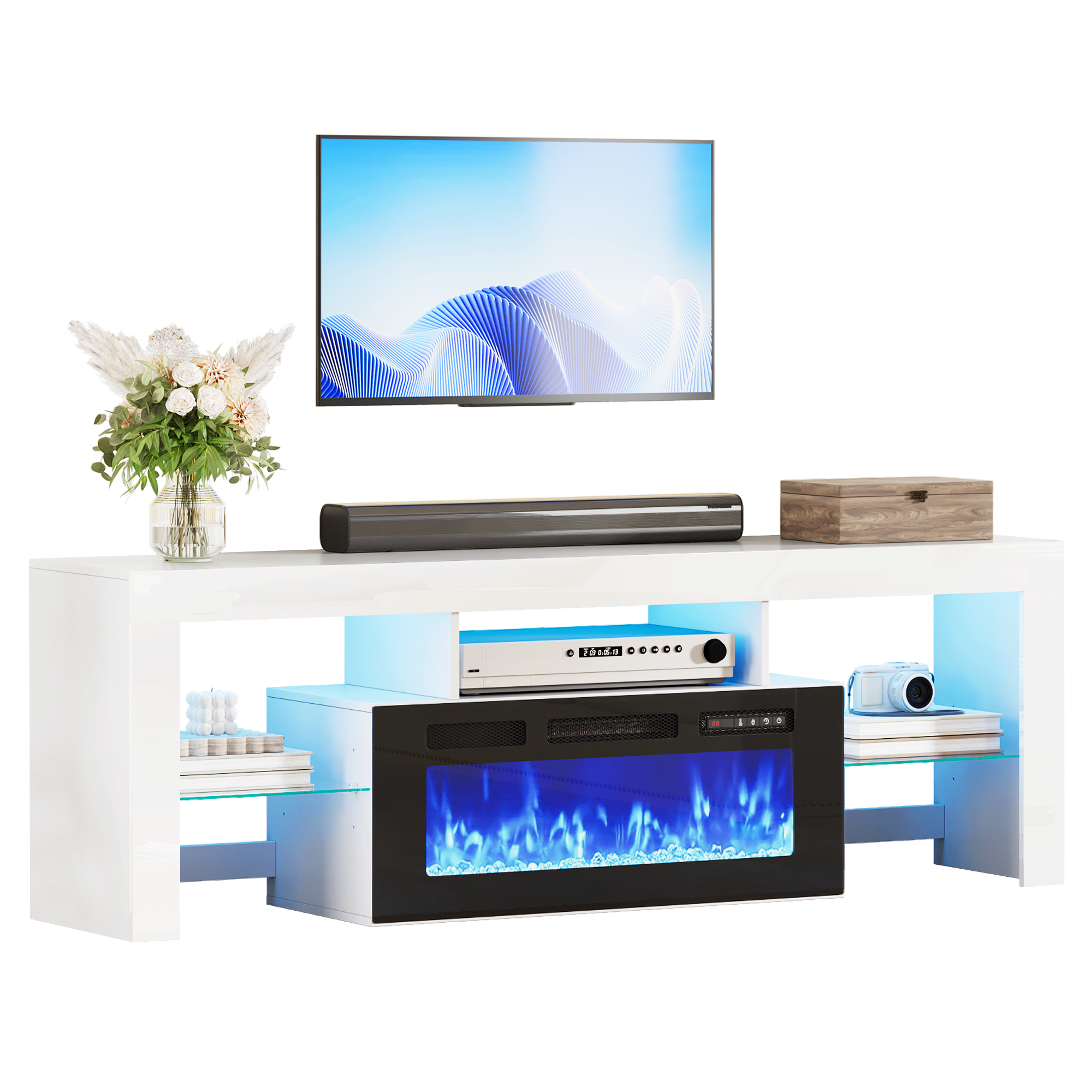 ChVans 71" Fireplace TV Stand for up to 80 inch TVs, Entertainment Center with 36" Electric Fireplace with LED Light, Adjustable Glass Shelves for Living Room & Bedroom