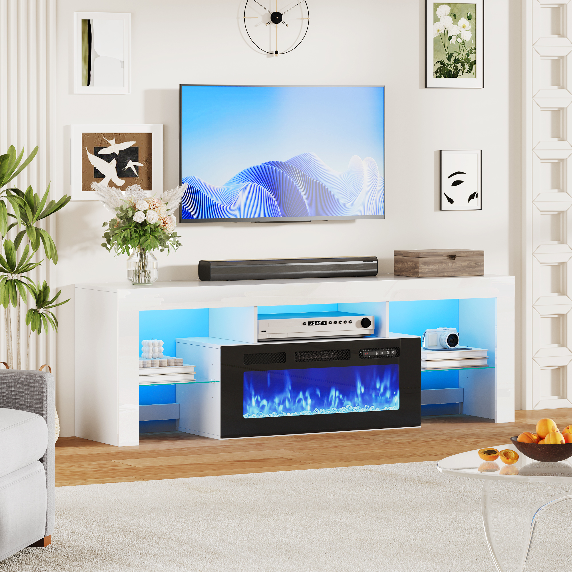 ChVans 71" Fireplace TV Stand for up to 80 inch TVs, Entertainment Center with 36" Electric Fireplace with LED Light, Adjustable Glass Shelves for Living Room & Bedroom