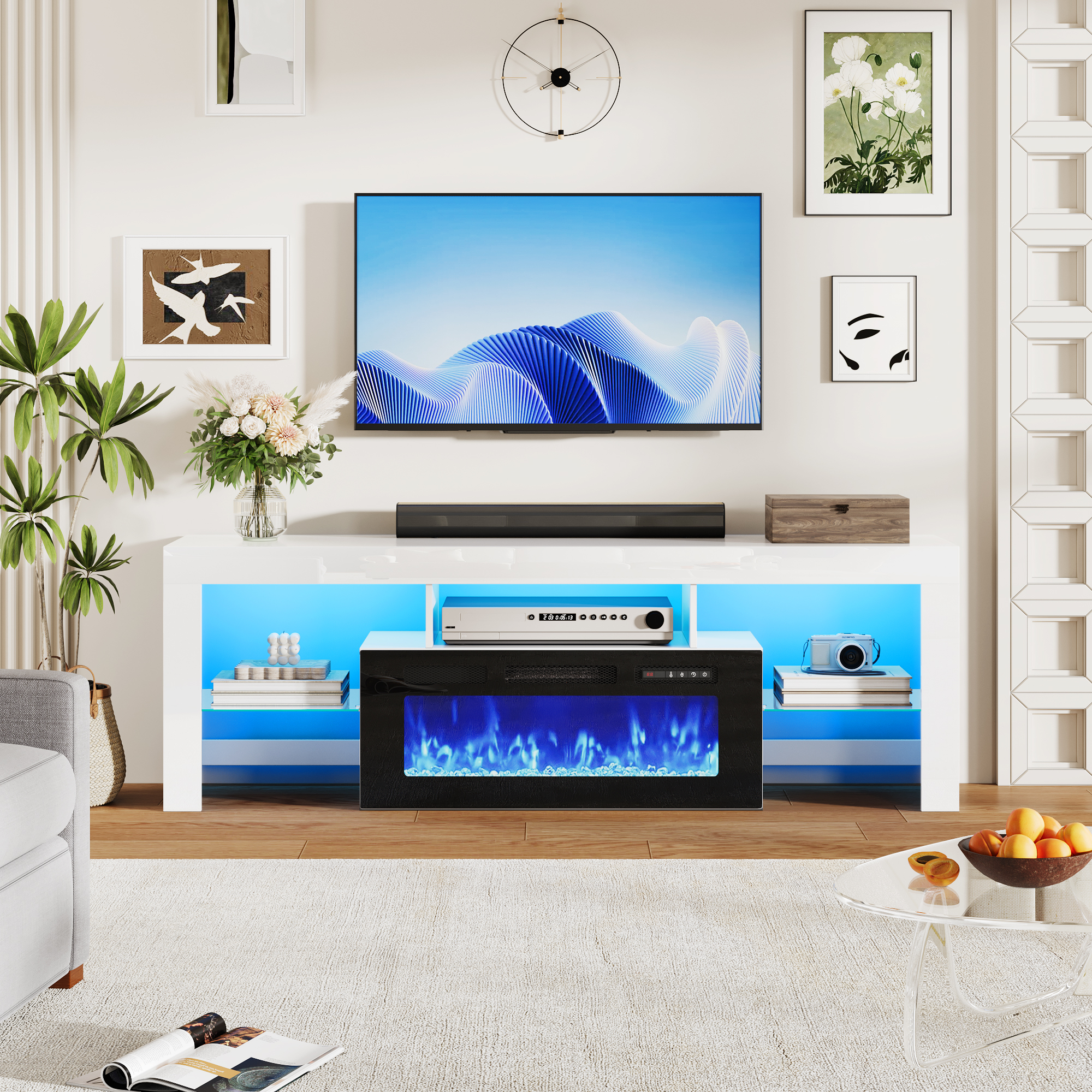 ChVans 71" Fireplace TV Stand for up to 80 inch TVs, Entertainment Center with 36" Electric Fireplace with LED Light, Adjustable Glass Shelves for Living Room & Bedroom