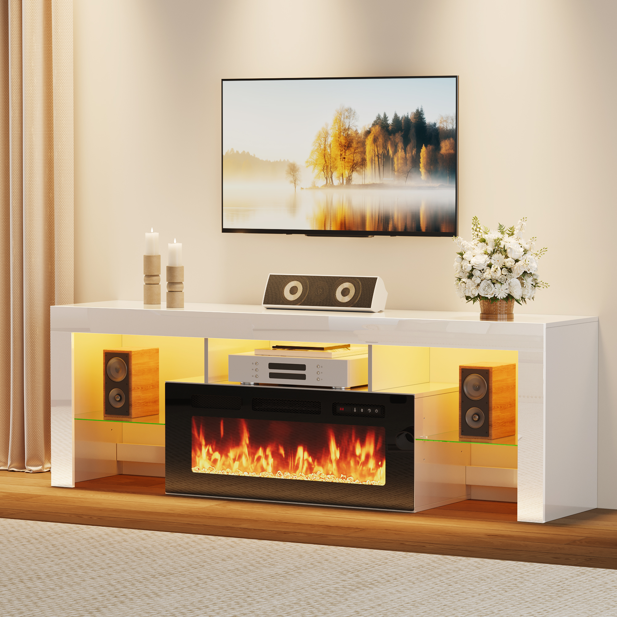 ChVans 71" Fireplace TV Stand for up to 80 inch TVs, Entertainment Center with 36" Electric Fireplace with LED Light, Adjustable Glass Shelves for Living Room & Bedroom