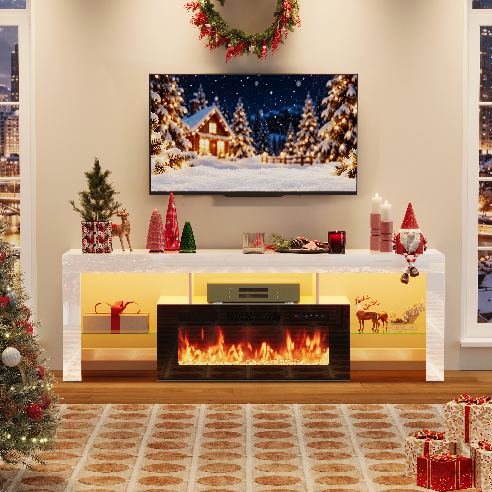 ChVans 71" Fireplace TV Stand for up to 80 inch TVs, Entertainment Center with 36" Electric Fireplace with LED Light, Adjustable Glass Shelves for Living Room & Bedroom
