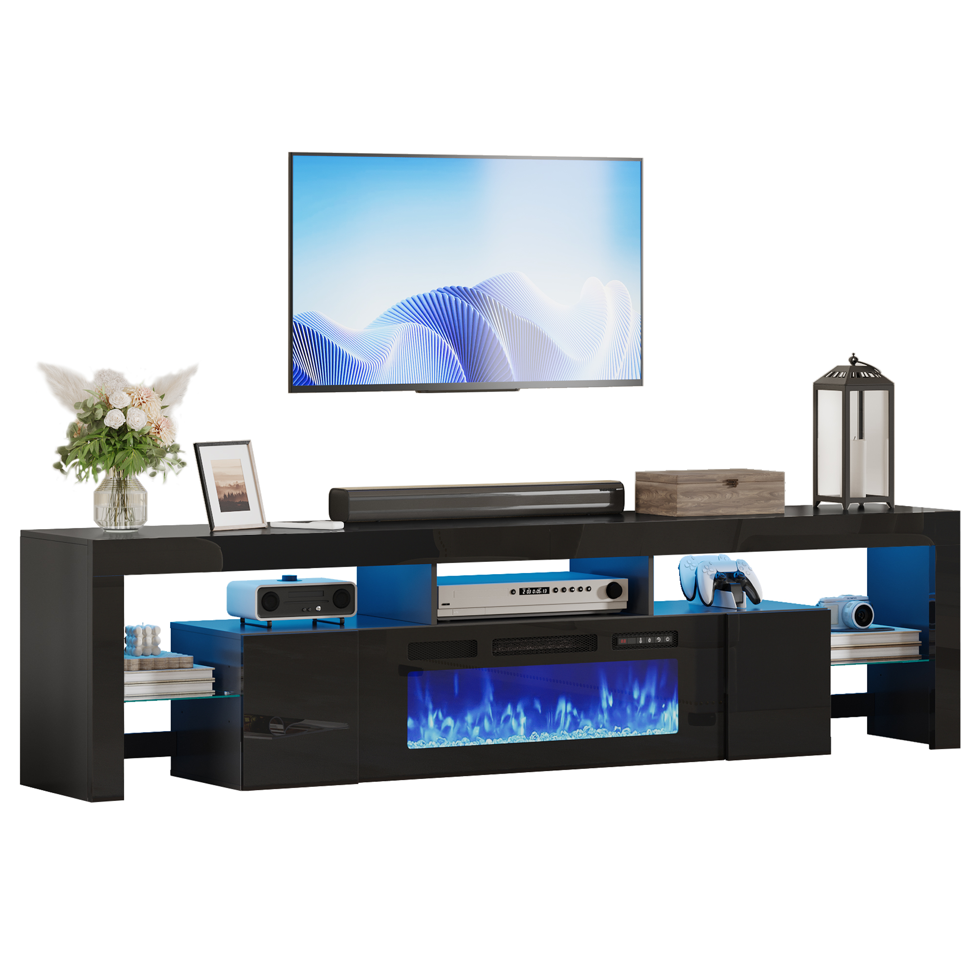 ChVans 94.5" Fireplace TV Stand for up to 100 Inch TV, Entertainment Center with 40" Electric Fireplace, RGB LED Lights, Adjustable Glass Shelves for Living Room & Bedroom