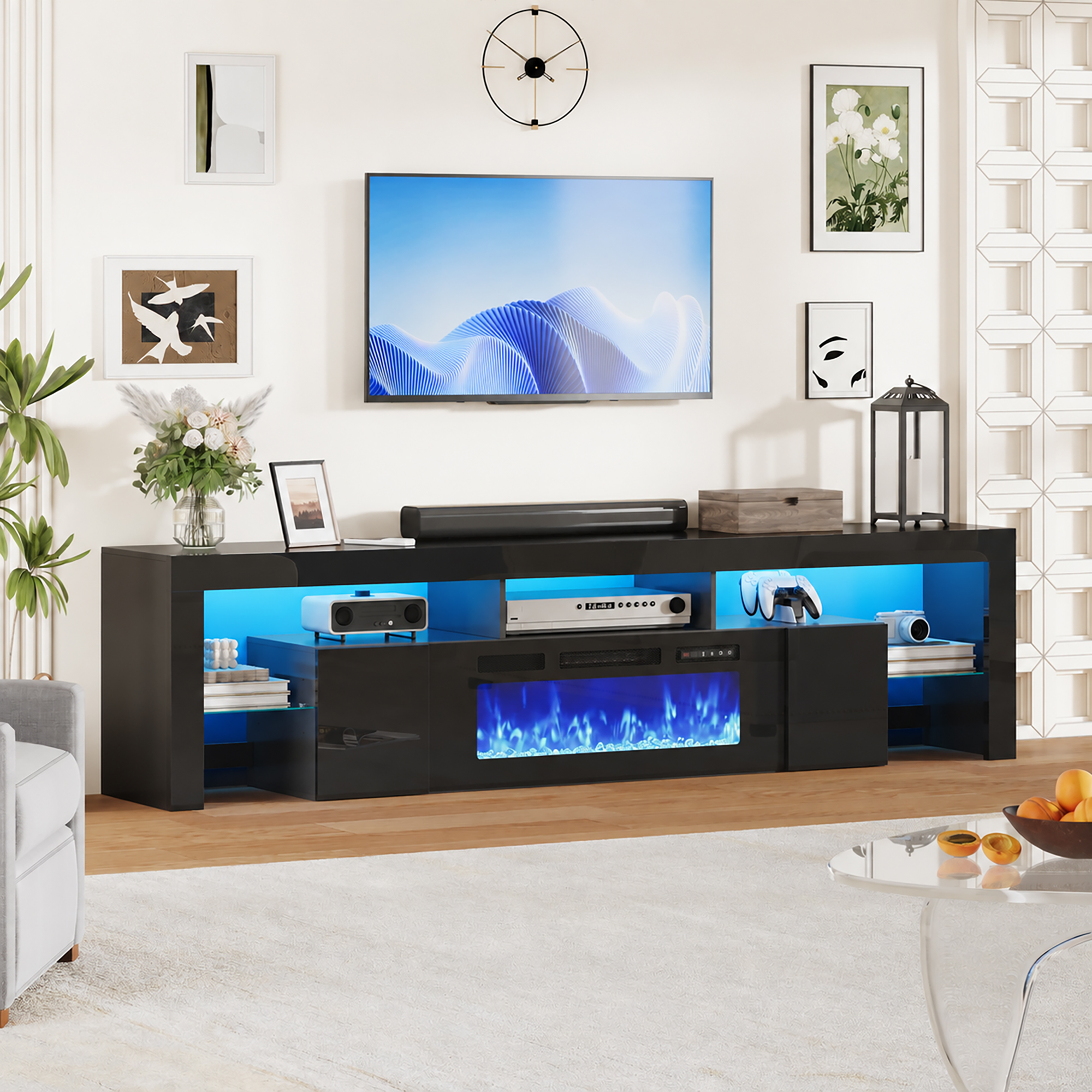ChVans 94.5" Fireplace TV Stand for up to 100 Inch TV, Entertainment Center with 40" Electric Fireplace, RGB LED Lights, Adjustable Glass Shelves for Living Room & Bedroom