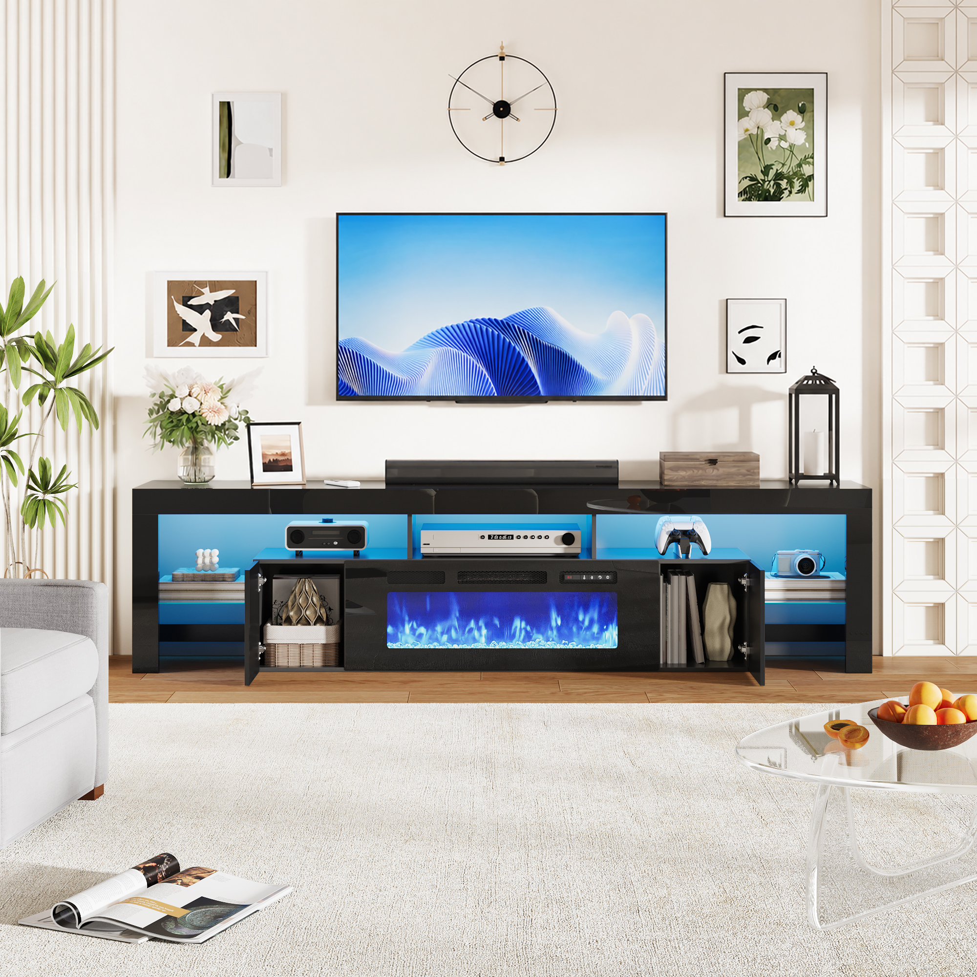ChVans 94.5" Fireplace TV Stand for up to 100 Inch TV, Entertainment Center with 40" Electric Fireplace, RGB LED Lights, Adjustable Glass Shelves for Living Room & Bedroom
