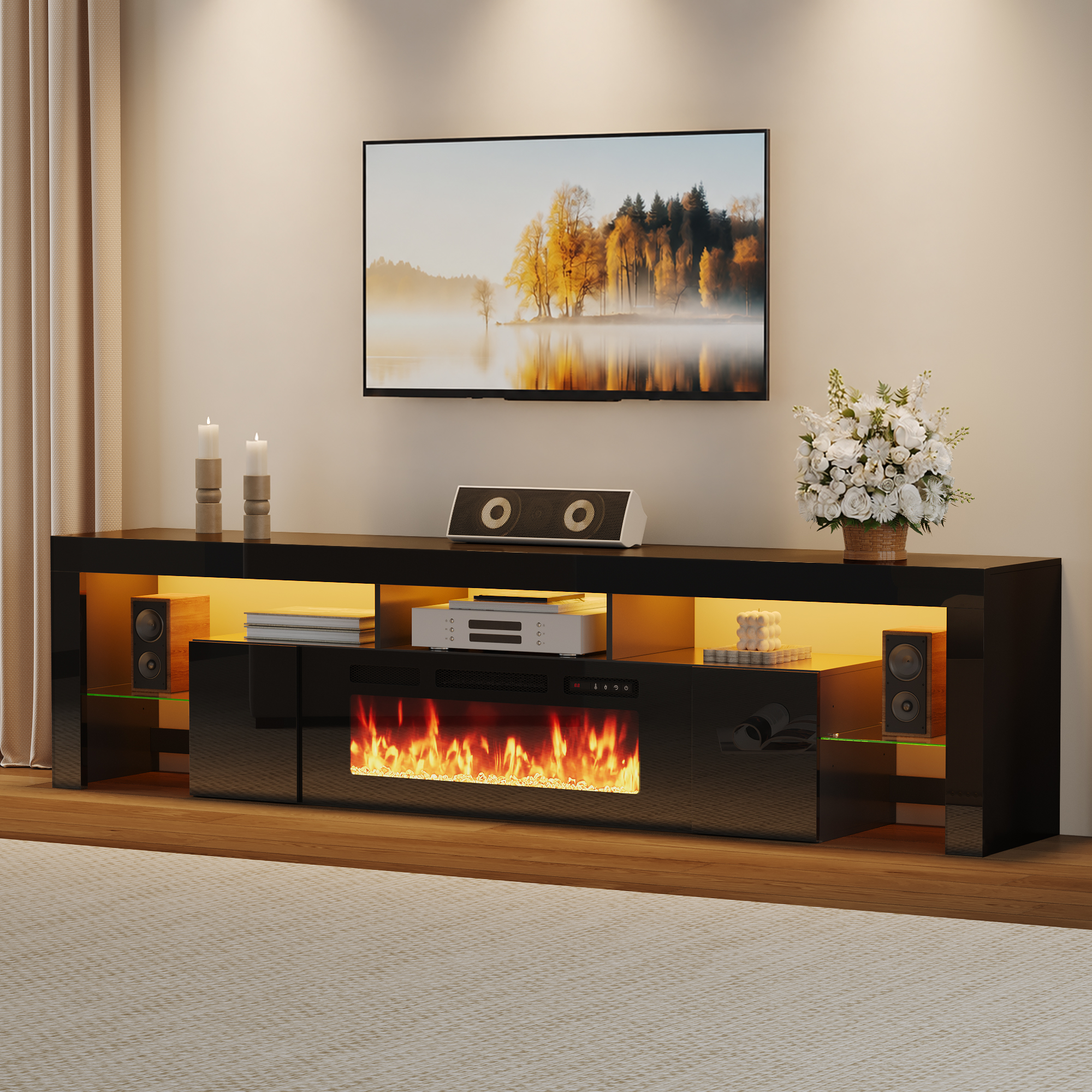 ChVans 94.5" Fireplace TV Stand for up to 100 Inch TV, Entertainment Center with 40" Electric Fireplace, RGB LED Lights, Adjustable Glass Shelves for Living Room & Bedroom