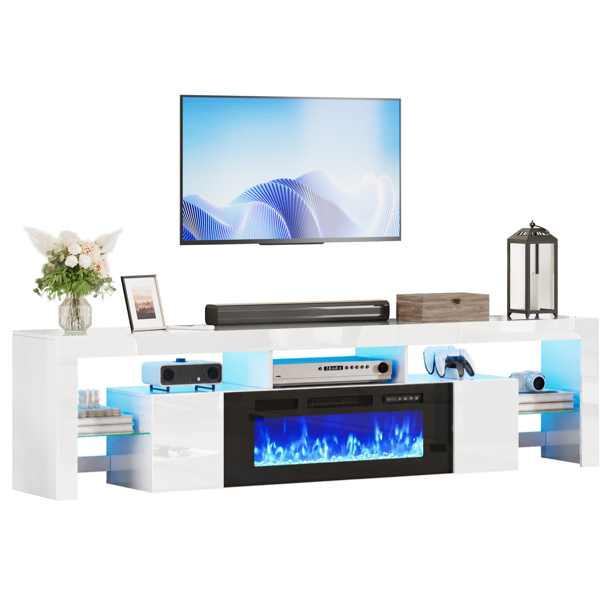 ChVans 94.5" Fireplace TV Stand for up to 100 Inch TV, Entertainment Center with 40" Electric Fireplace, RGB LED Lights, Adjustable Glass Shelves for Living Room & Bedroom