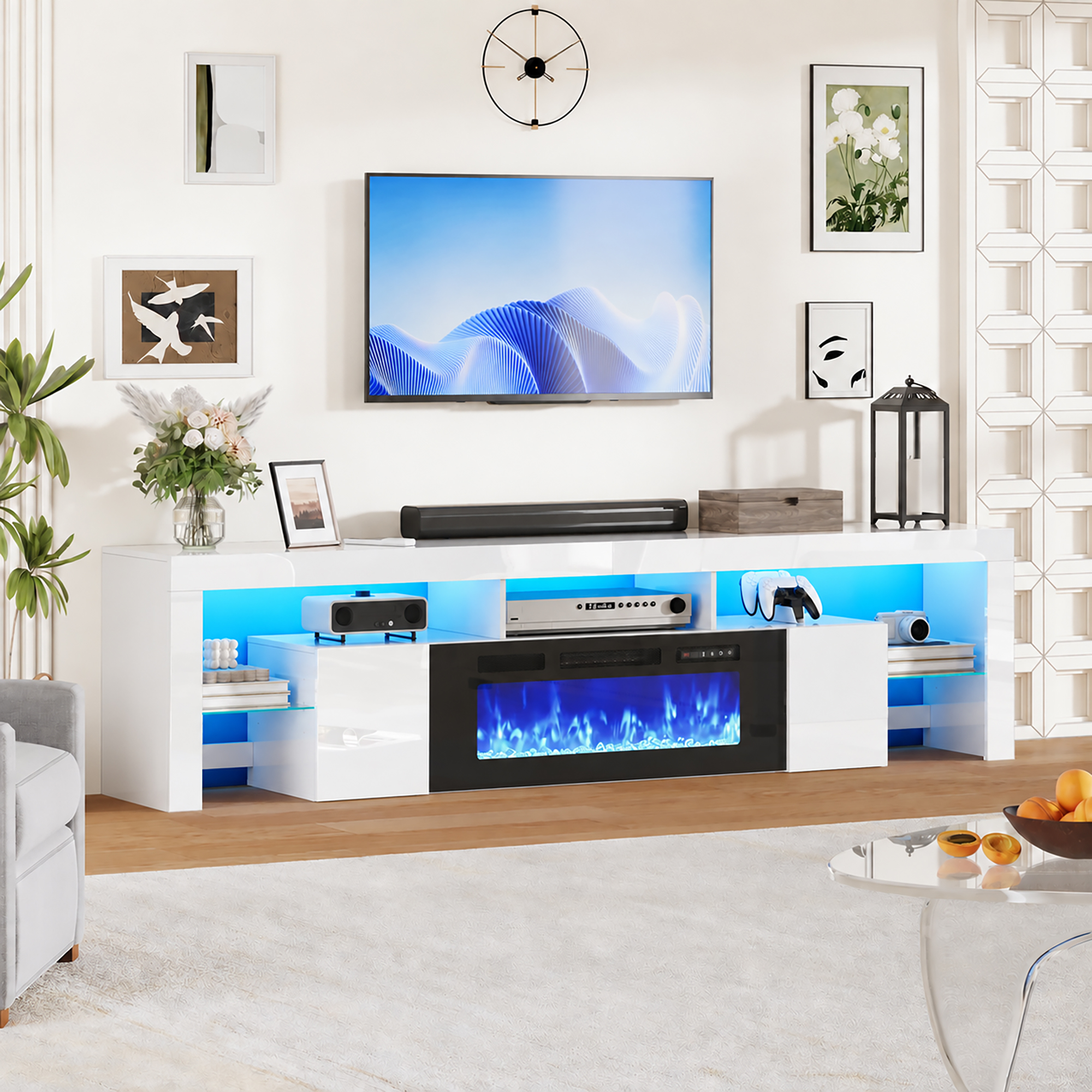 ChVans 94.5" Fireplace TV Stand for up to 100 Inch TV, Entertainment Center with 40" Electric Fireplace, RGB LED Lights, Adjustable Glass Shelves for Living Room & Bedroom
