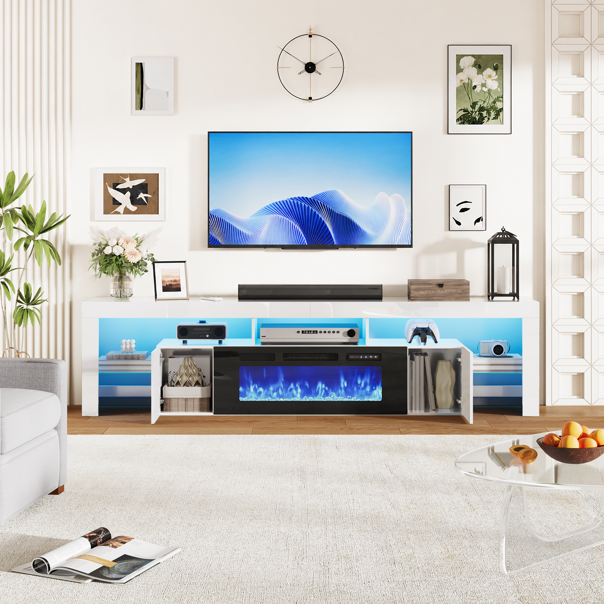 ChVans 94.5" Fireplace TV Stand for up to 100 Inch TV, Entertainment Center with 40" Electric Fireplace, RGB LED Lights, Adjustable Glass Shelves for Living Room & Bedroom