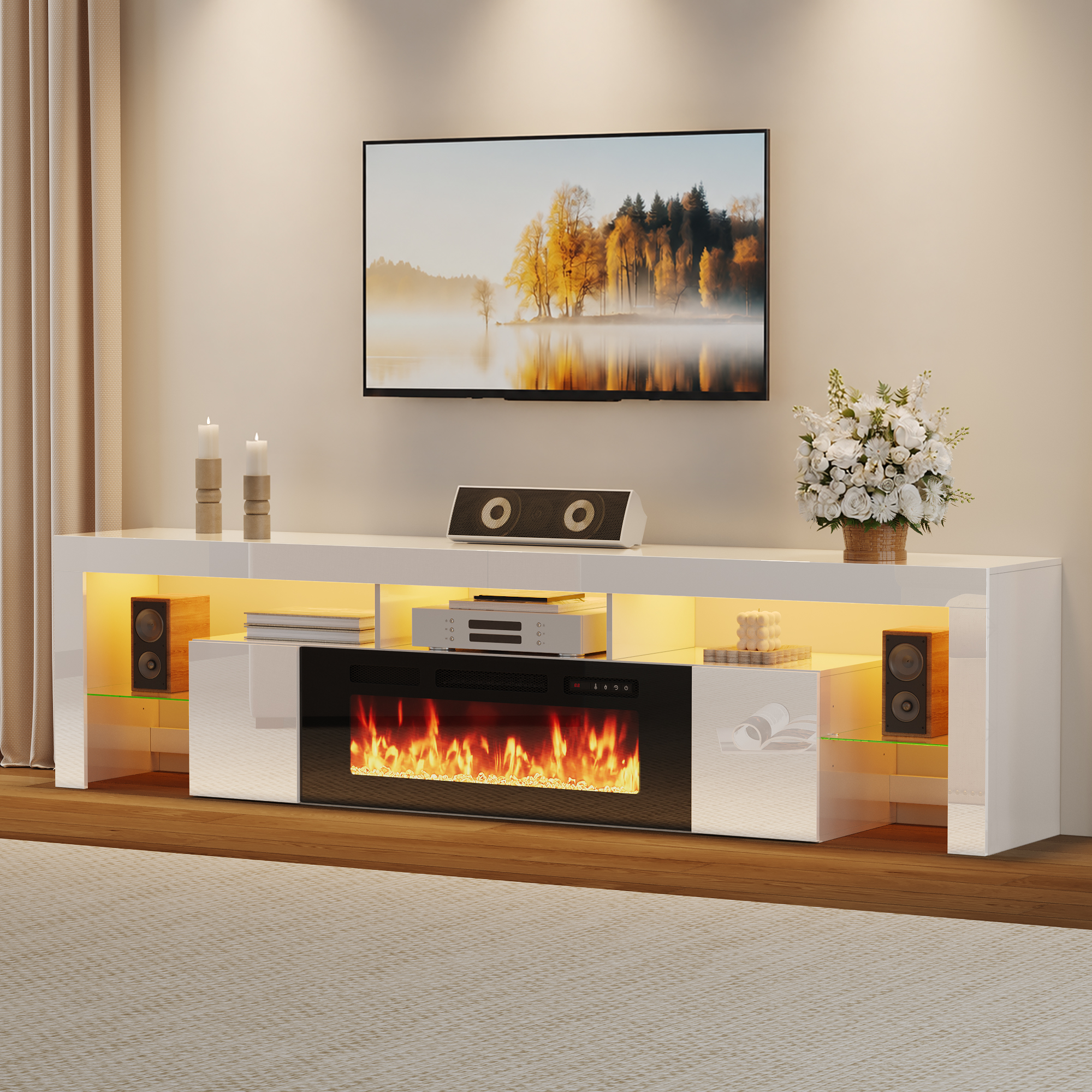 ChVans 94.5" Fireplace TV Stand for up to 100 Inch TV, Entertainment Center with 40" Electric Fireplace, RGB LED Lights, Adjustable Glass Shelves for Living Room & Bedroom