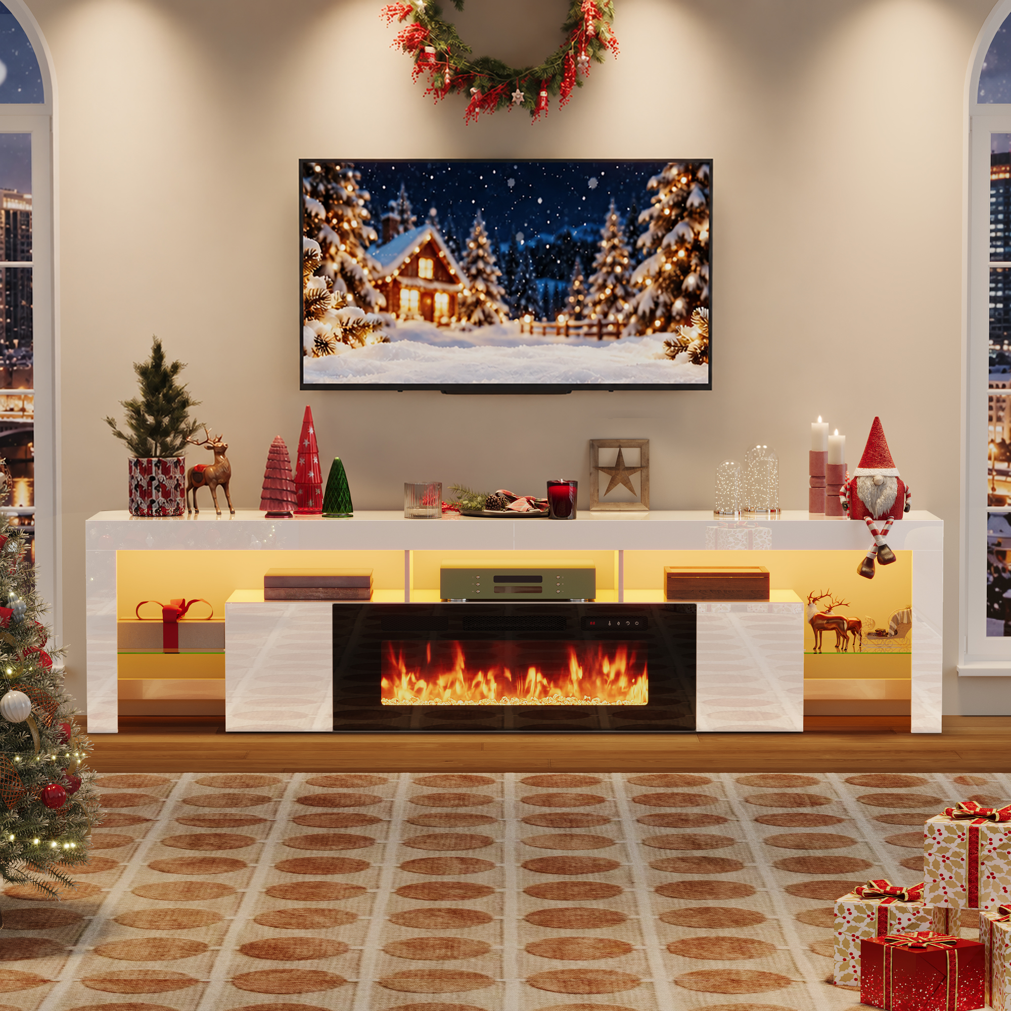 ChVans 94.5" Fireplace TV Stand for up to 100 Inch TV, Entertainment Center with 40" Electric Fireplace, RGB LED Lights, Adjustable Glass Shelves for Living Room & Bedroom
