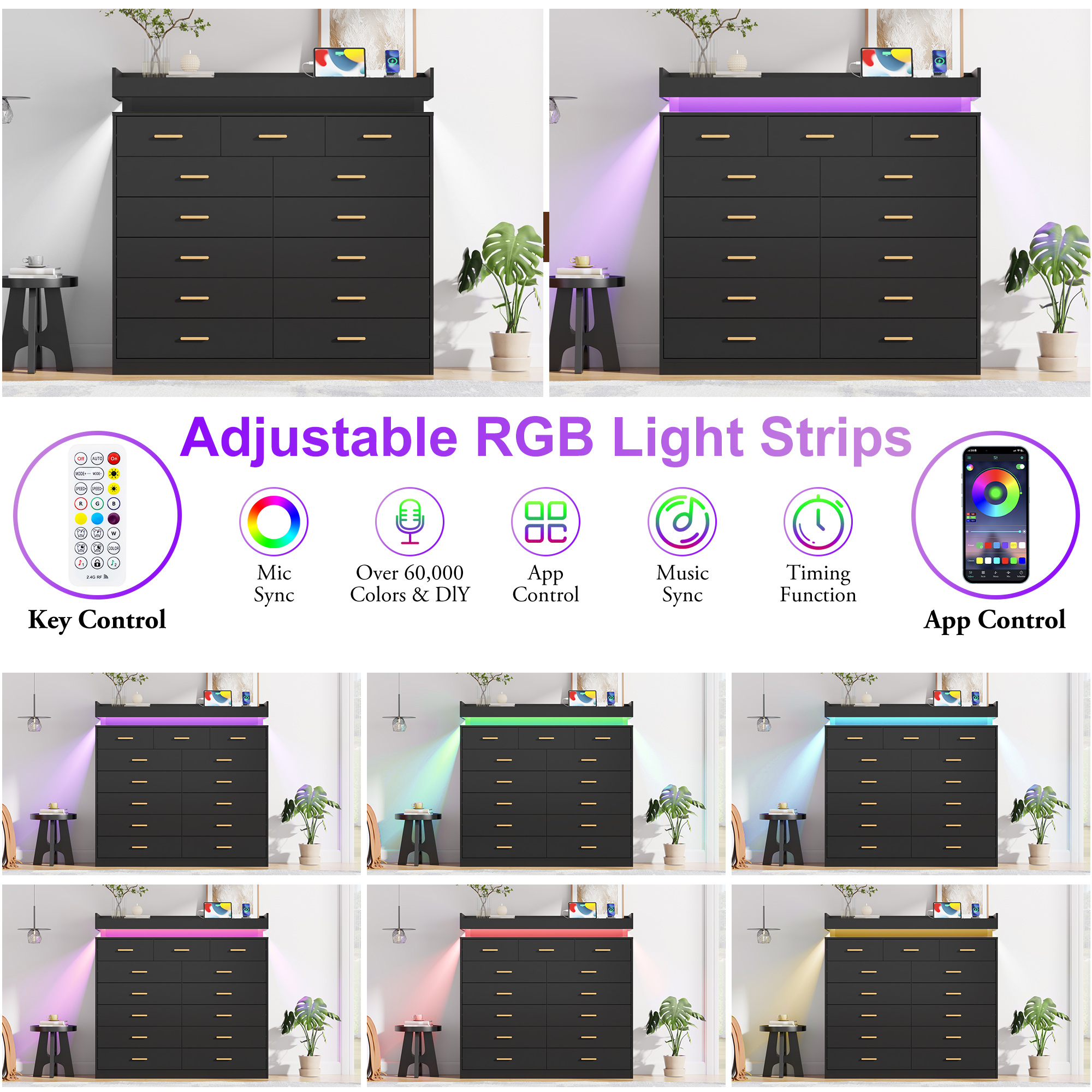 ChVans 13 Drawer Dresser for Bedroom, Chest of Drawers with RGB LED Light, App & Remote Control, Modern Wide Storage Dresser Organizer with Gold Handles