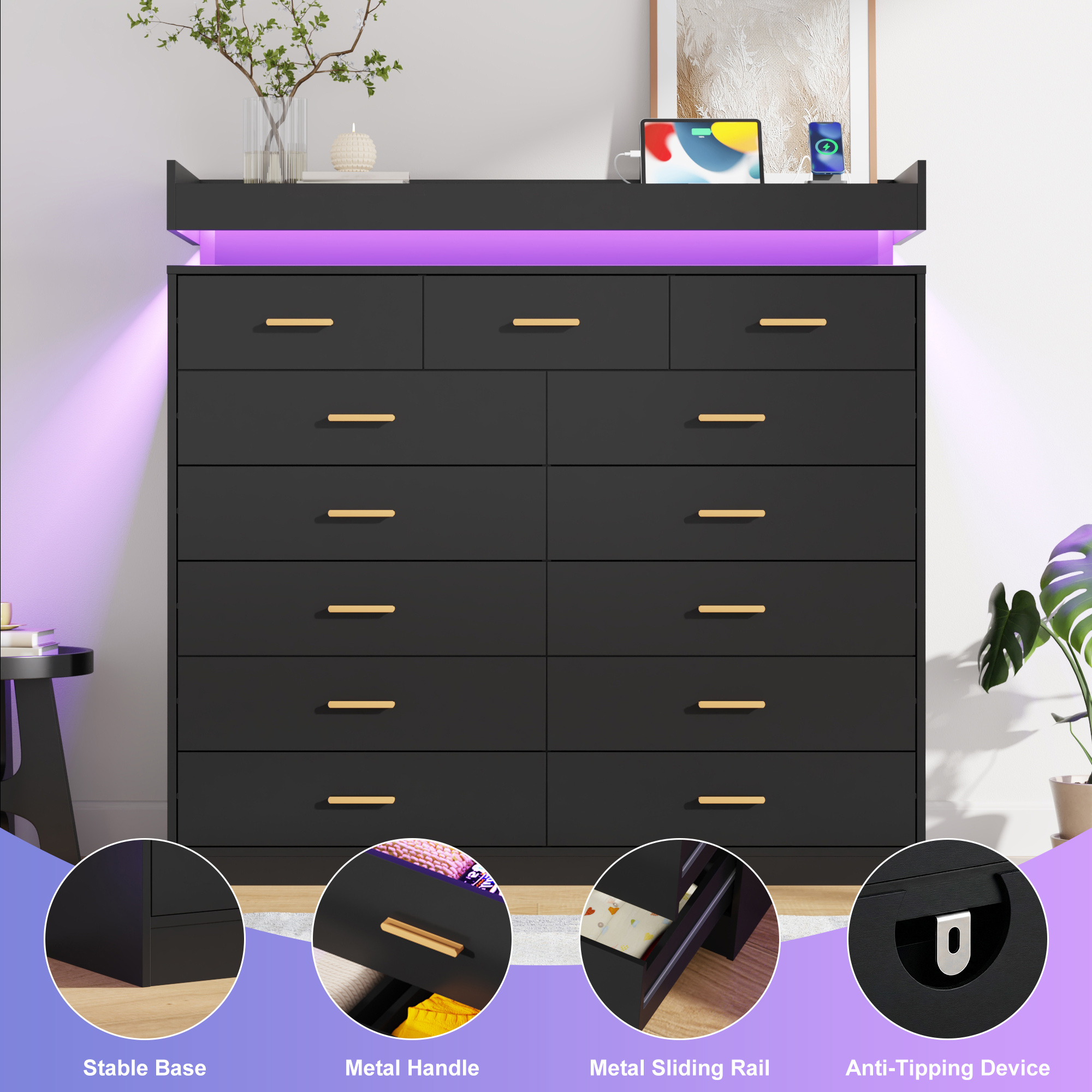 ChVans 13 Drawer Dresser for Bedroom, Chest of Drawers with RGB LED Light, App & Remote Control, Modern Wide Storage Dresser Organizer with Gold Handles