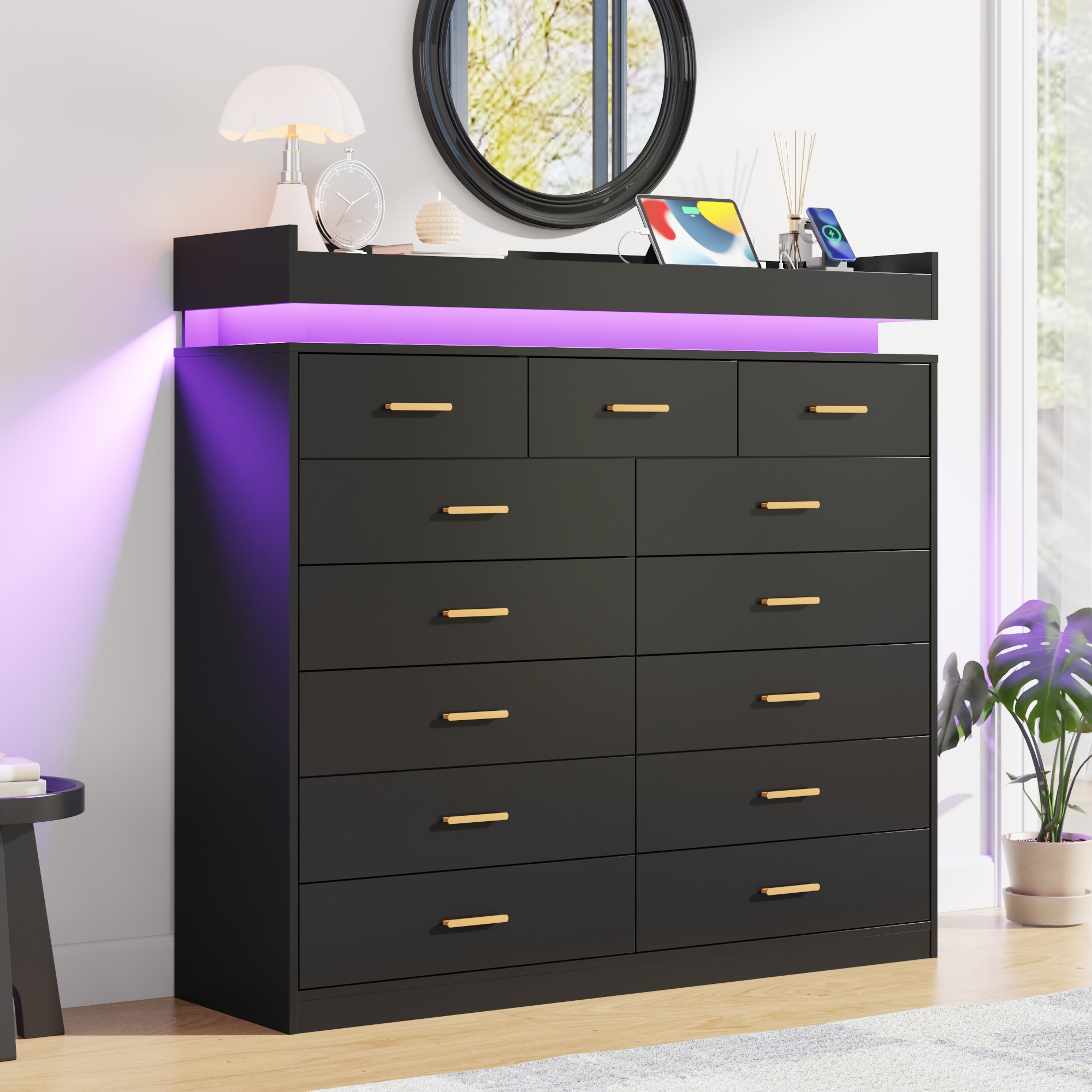 ChVans 13 Drawer Dresser for Bedroom, Chest of Drawers with RGB LED Light, App & Remote Control, Modern Wide Storage Dresser Organizer with Gold Handles