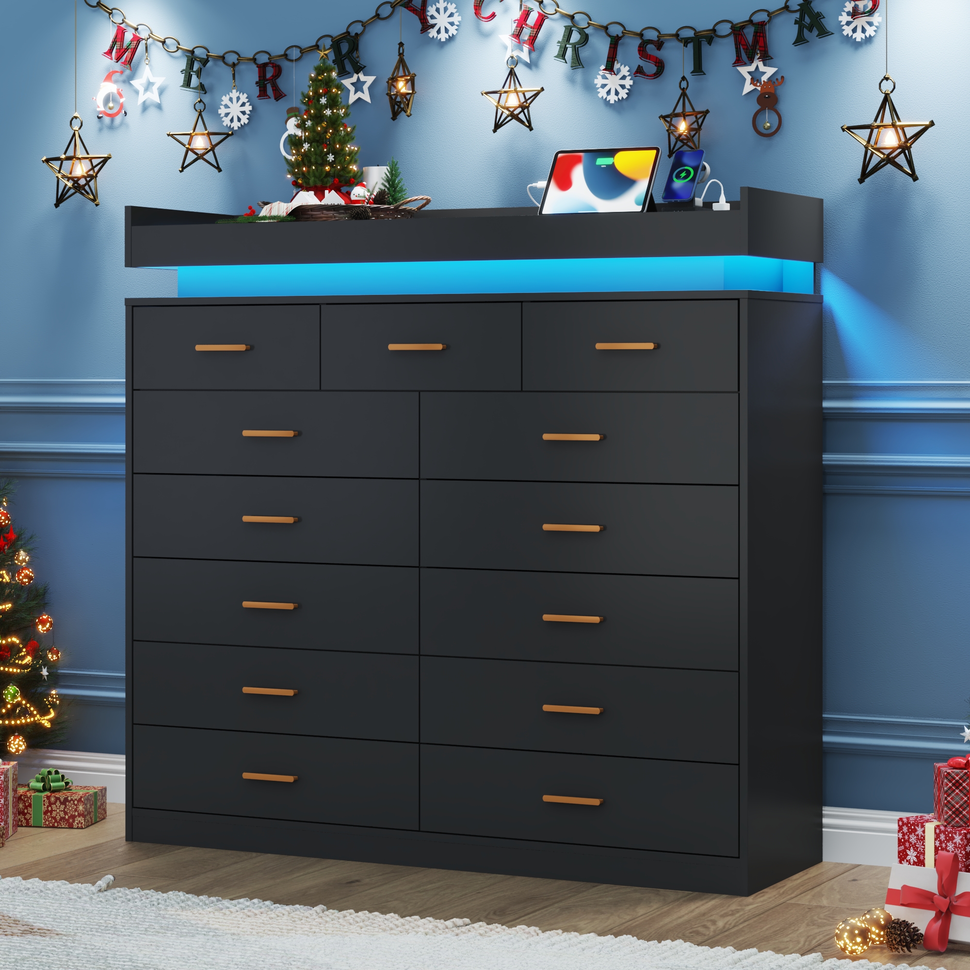 ChVans 13 Drawer Dresser for Bedroom, Chest of Drawers with RGB LED Light, App & Remote Control, Modern Wide Storage Dresser Organizer with Gold Handles