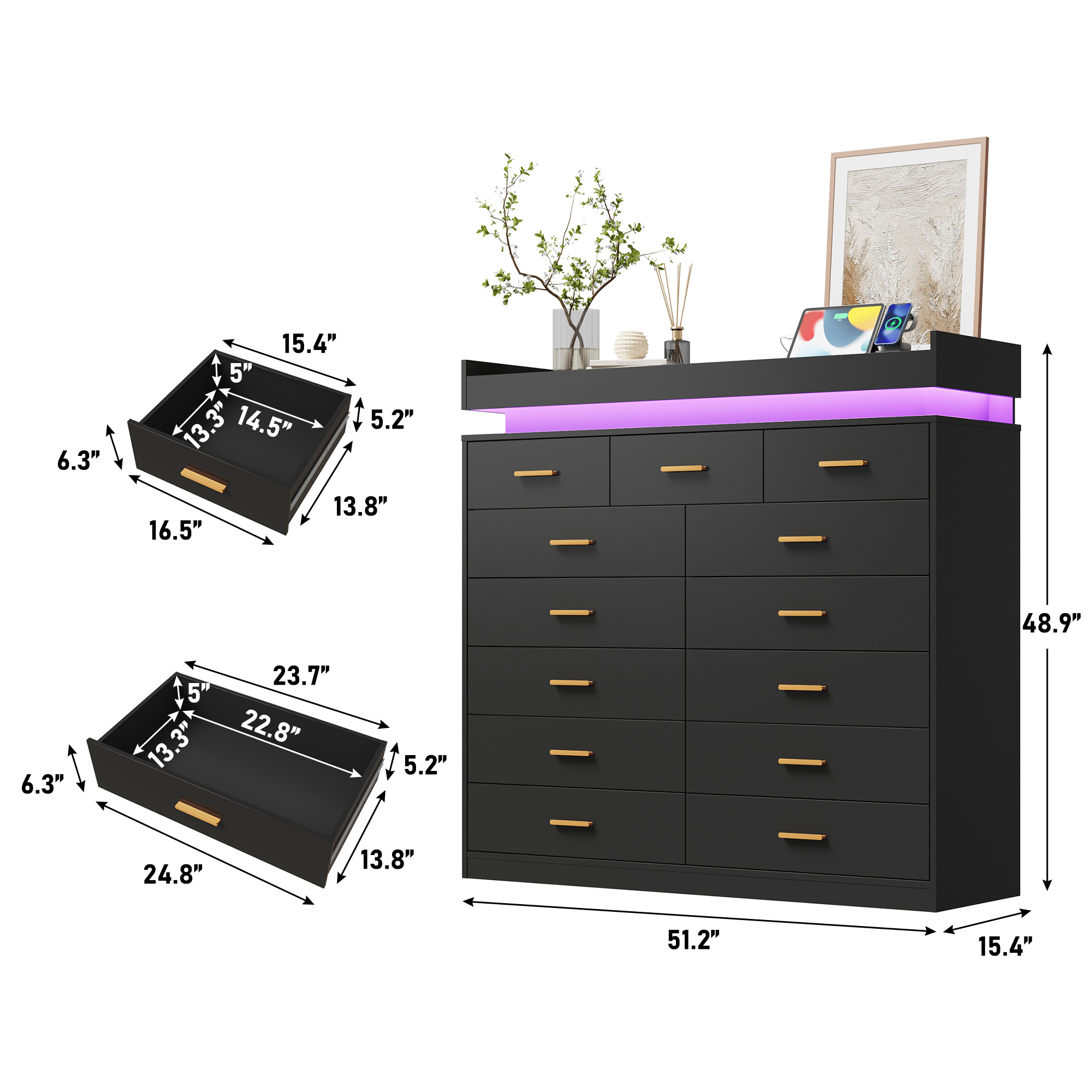 ChVans 13 Drawer Dresser for Bedroom, Chest of Drawers with RGB LED Light, App & Remote Control, Modern Wide Storage Dresser Organizer with Gold Handles