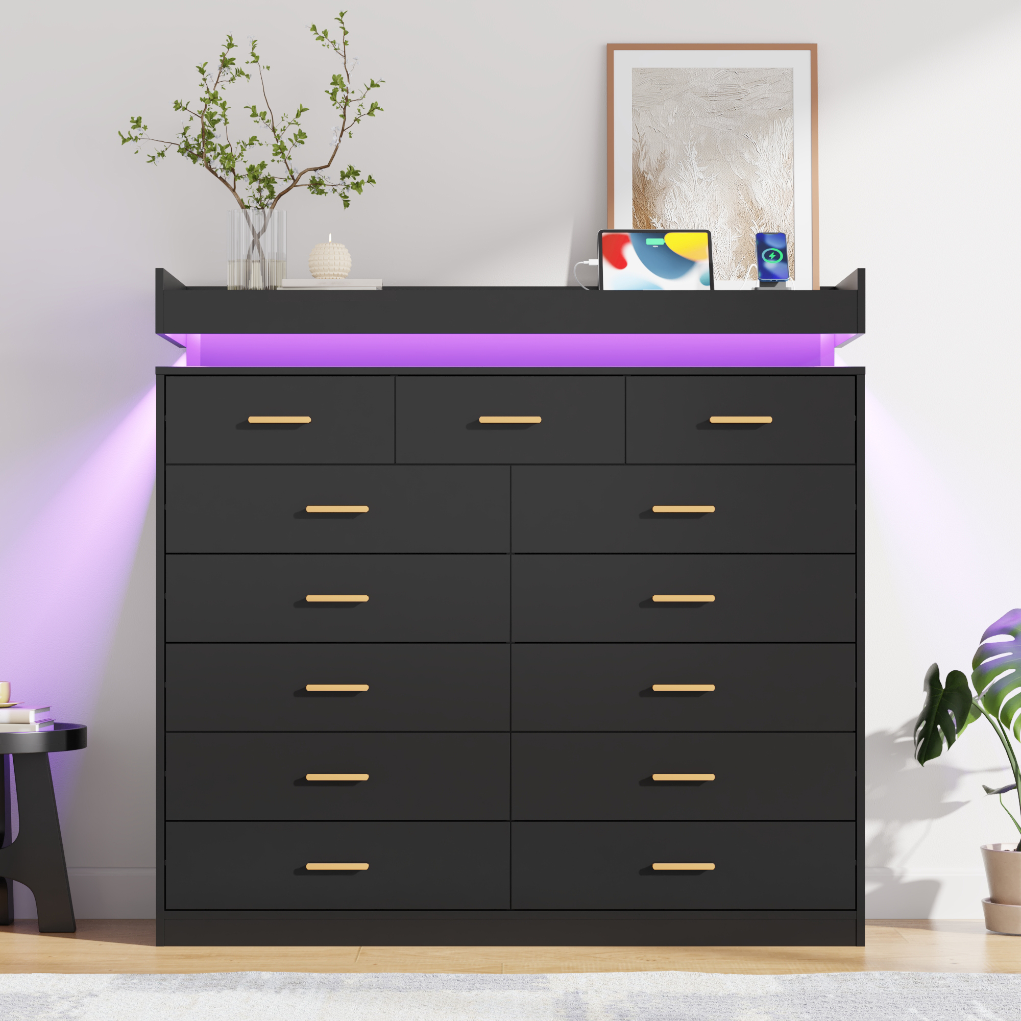 ChVans 13 Drawer Dresser for Bedroom, Chest of Drawers with RGB LED Light, App & Remote Control, Modern Wide Storage Dresser Organizer with Gold Handles