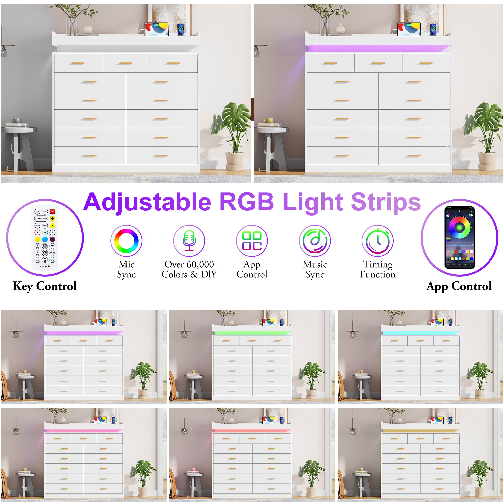 ChVans 13 Drawer Dresser for Bedroom, Chest of Drawers with RGB LED Light, App & Remote Control, Modern Wide Storage Dresser Organizer with Gold Handles