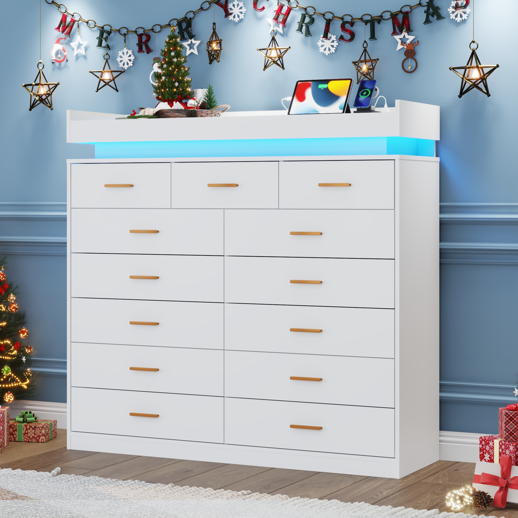 ChVans 13 Drawer Dresser for Bedroom, Chest of Drawers with RGB LED Light, App & Remote Control, Modern Wide Storage Dresser Organizer with Gold Handles