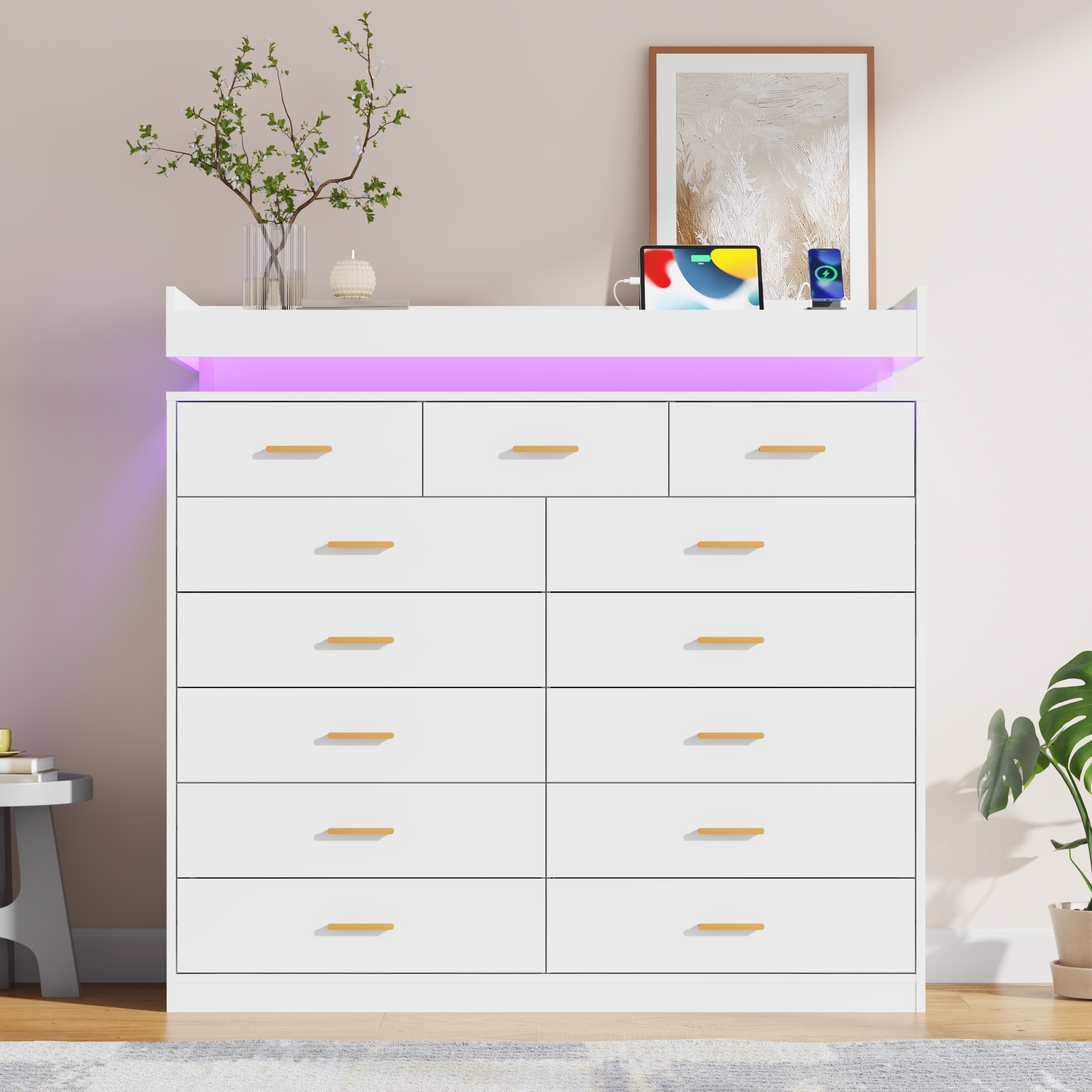 ChVans 13 Drawer Dresser for Bedroom, Chest of Drawers with RGB LED Light, App & Remote Control, Modern Wide Storage Dresser Organizer with Gold Handles