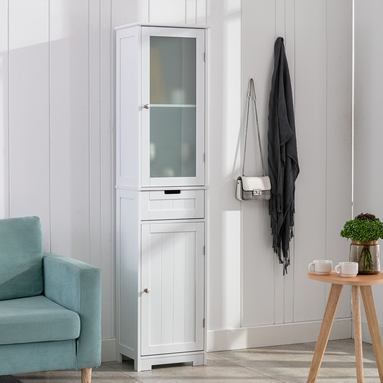 CAIDI Bathroom Storage Cabinet, White Linen Cabinet, Narrow Tall Cabinet Storage Tower with Door and Drawer for Kitchen Living Room