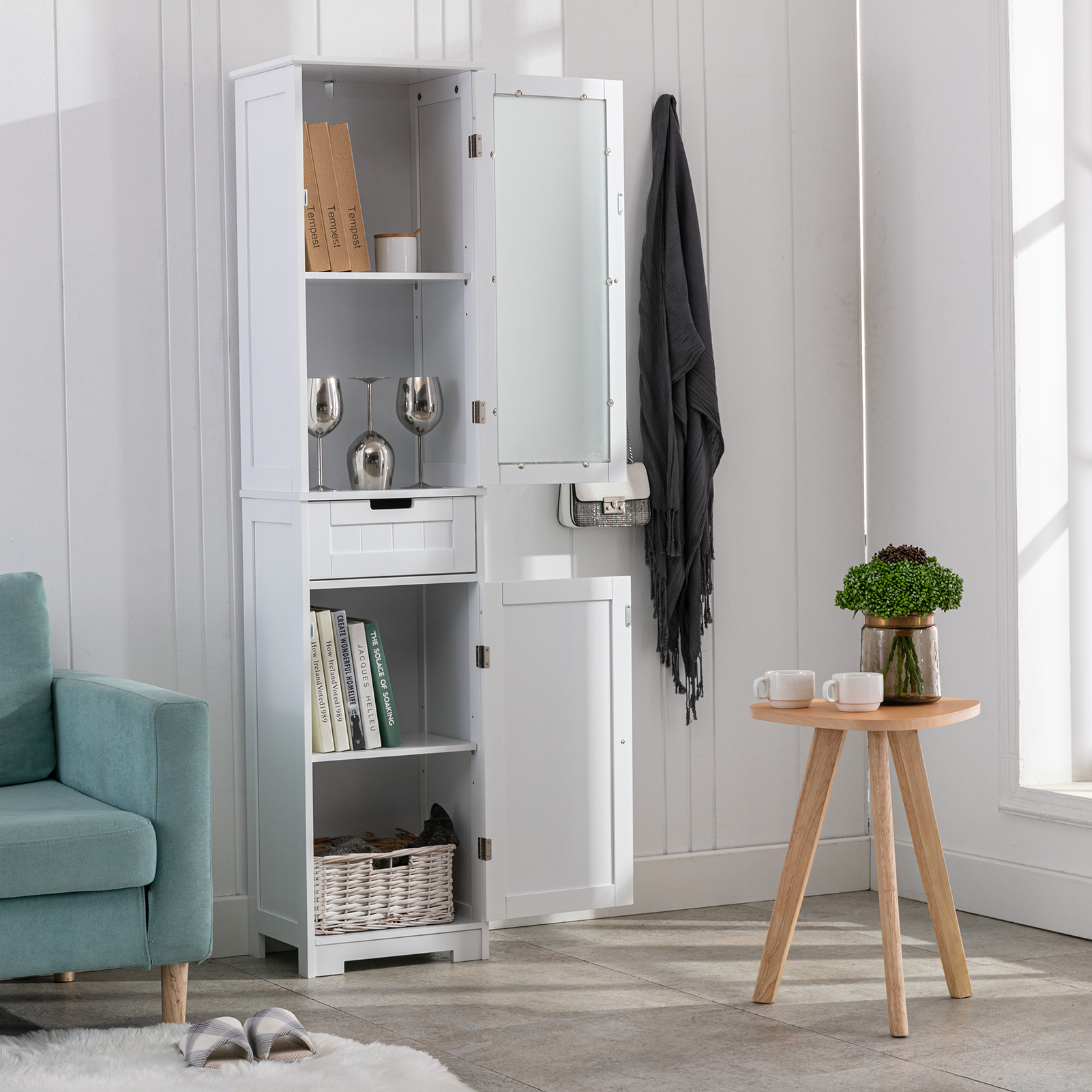 CAIDI Bathroom Storage Cabinet, White Linen Cabinet, Narrow Tall Cabinet Storage Tower with Door and Drawer for Kitchen Living Room
