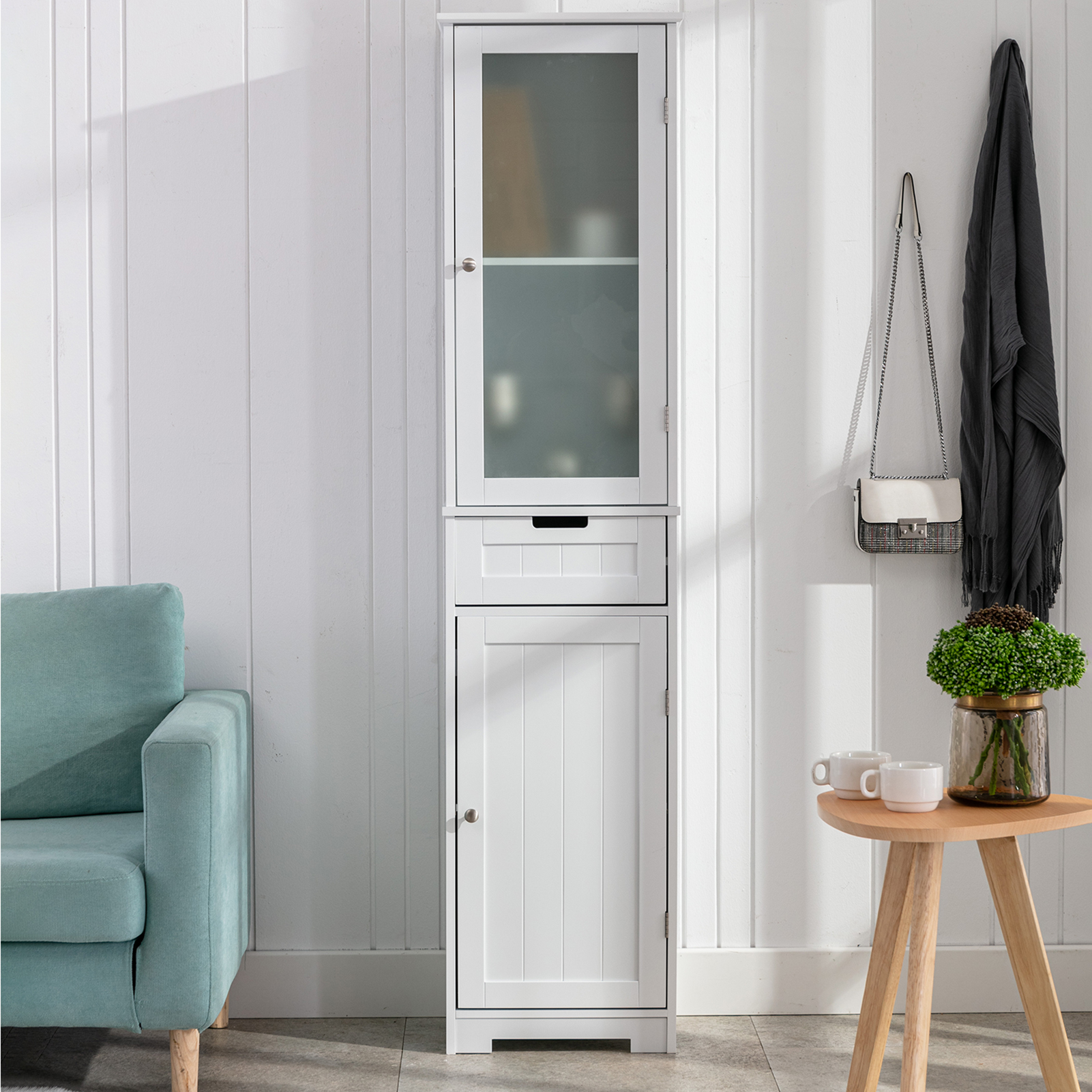 CAIDI Bathroom Storage Cabinet, White Linen Cabinet, Narrow Tall Cabinet Storage Tower with Door and Drawer for Kitchen Living Room