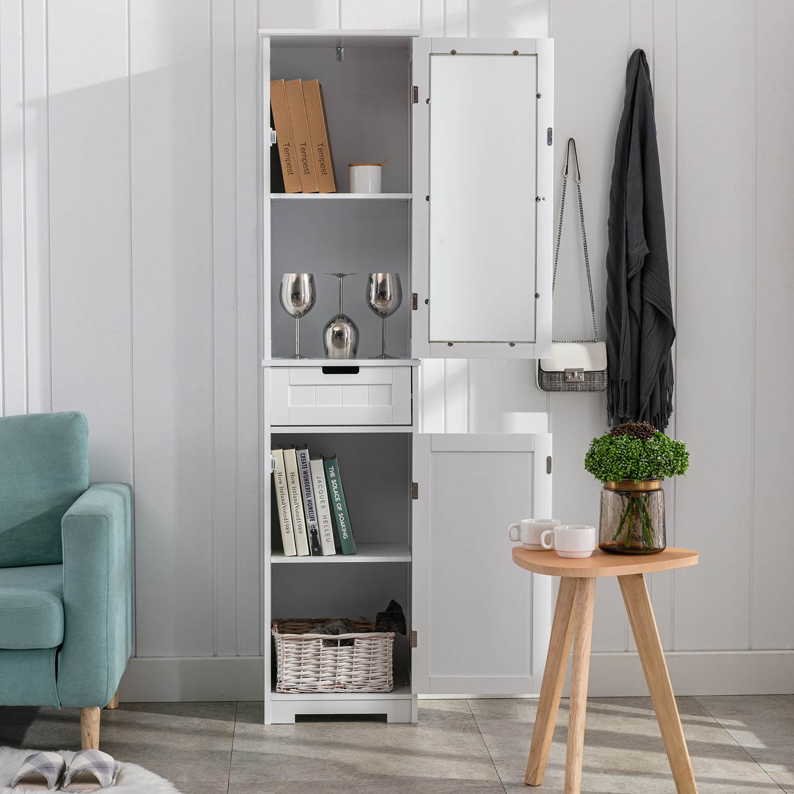 CAIDI Bathroom Storage Cabinet, White Linen Cabinet, Narrow Tall Cabinet Storage Tower with Door and Drawer for Kitchen Living Room