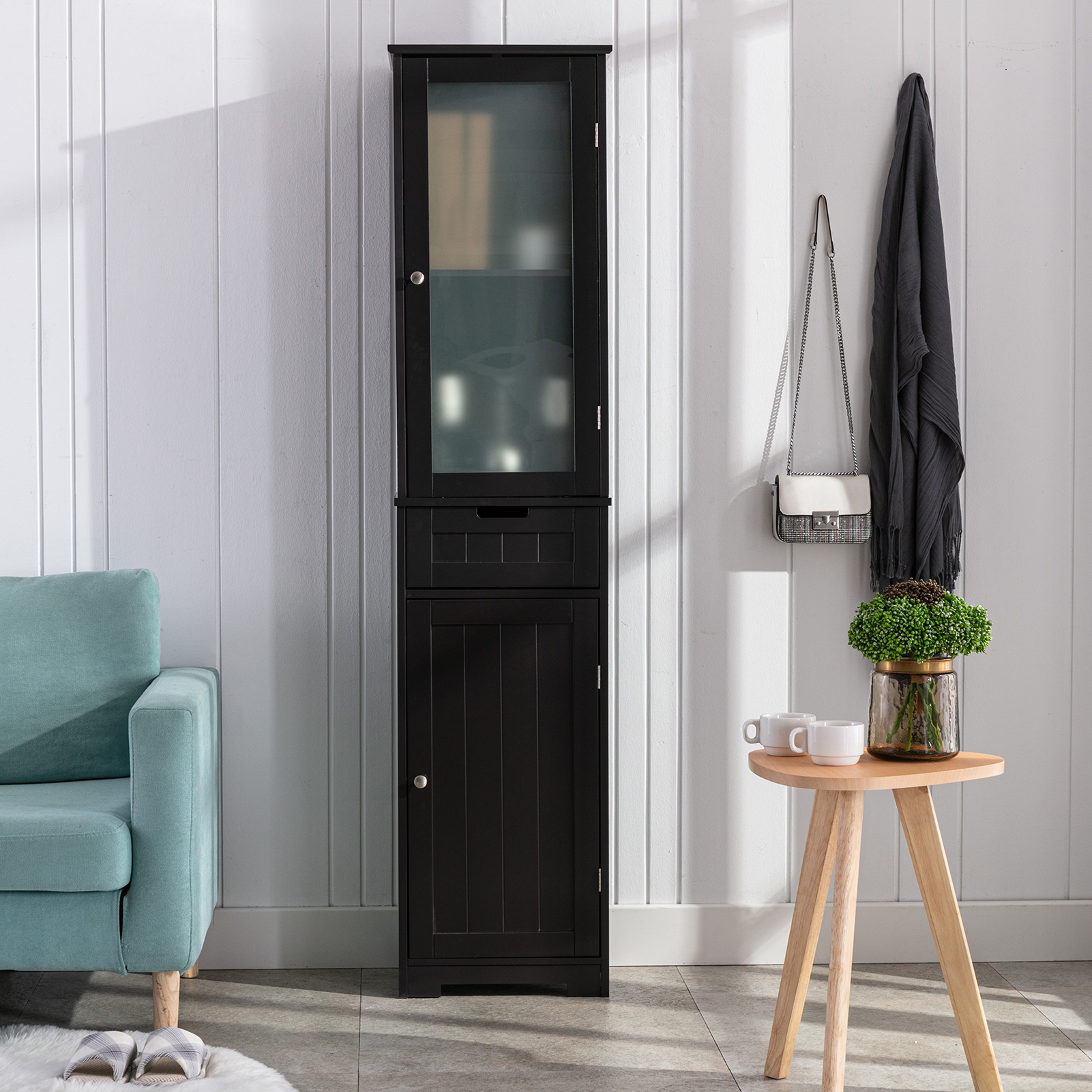 CAIDI Bathroom Storage Cabinet, White Linen Cabinet, Narrow Tall Cabinet Storage Tower with Door and Drawer for Kitchen Living Room