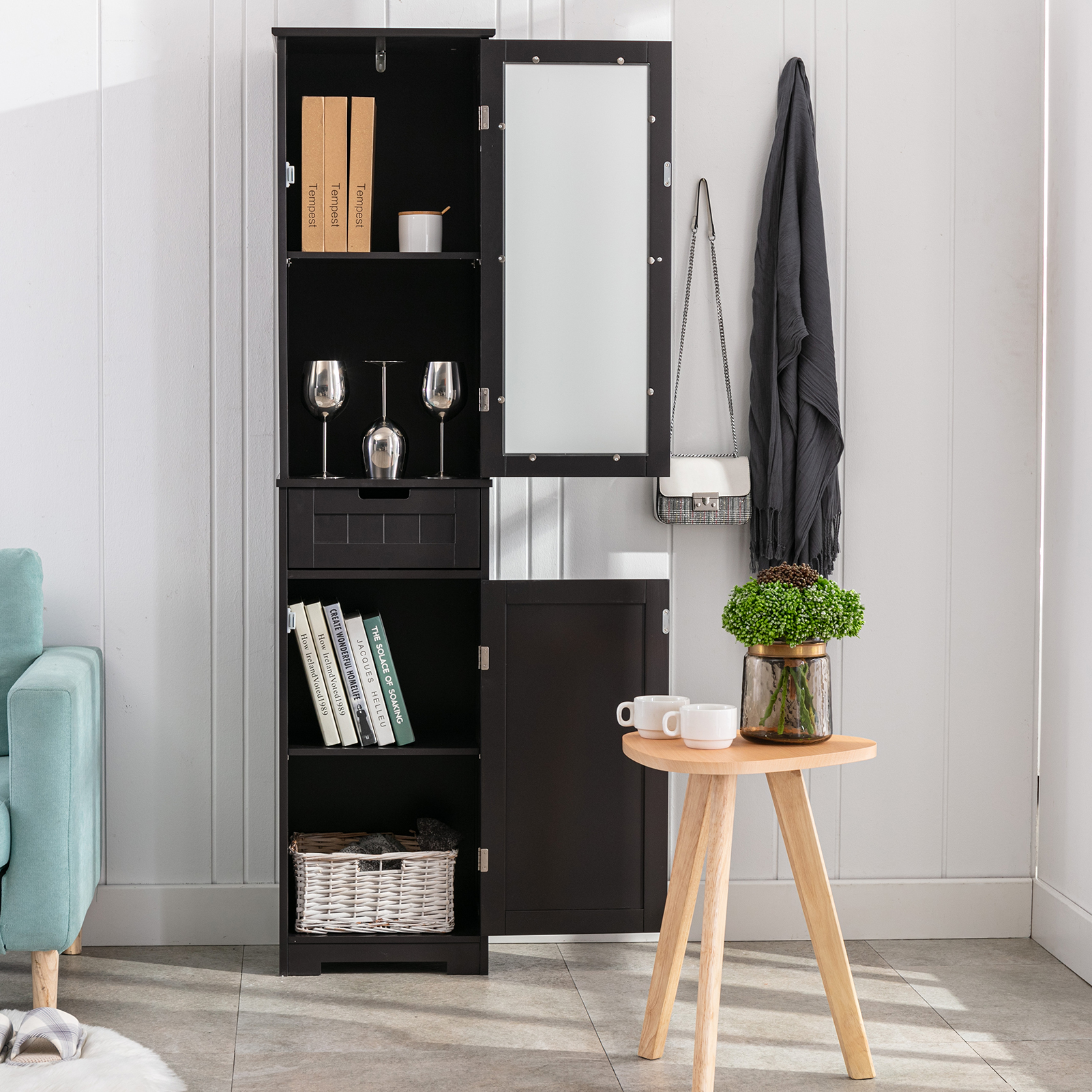 CAIDI Bathroom Storage Cabinet, White Linen Cabinet, Narrow Tall Cabinet Storage Tower with Door and Drawer for Kitchen Living Room