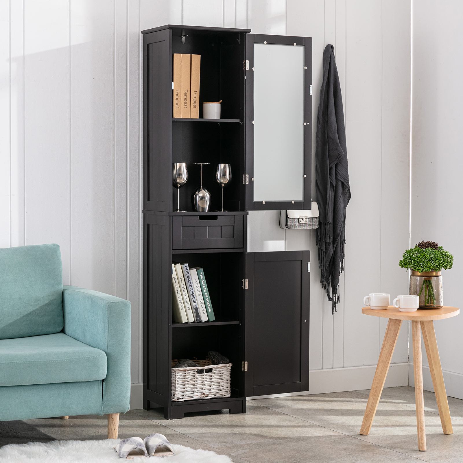 CAIDI Bathroom Storage Cabinet, White Linen Cabinet, Narrow Tall Cabinet Storage Tower with Door and Drawer for Kitchen Living Room