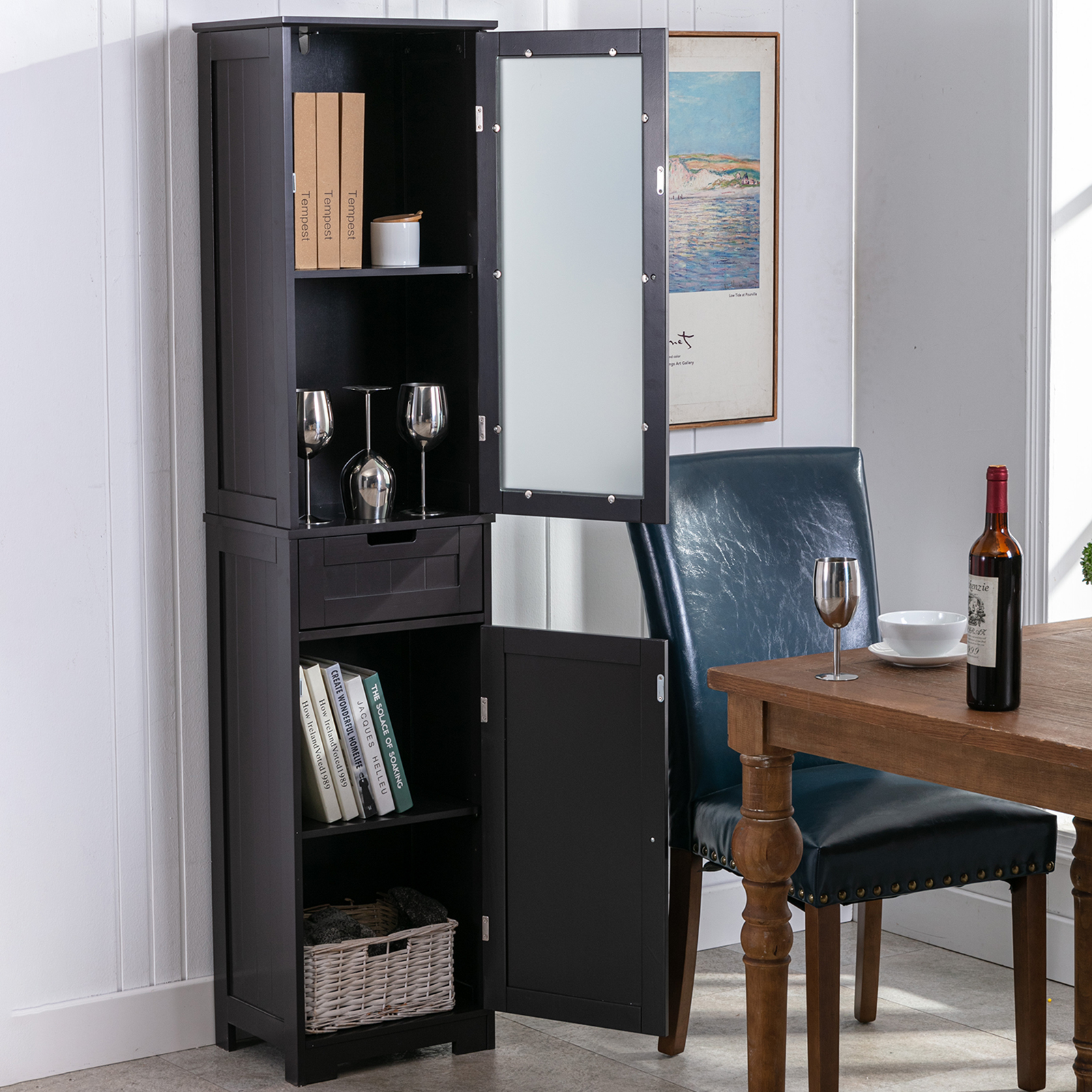 CAIDI Bathroom Storage Cabinet, White Linen Cabinet, Narrow Tall Cabinet Storage Tower with Door and Drawer for Kitchen Living Room