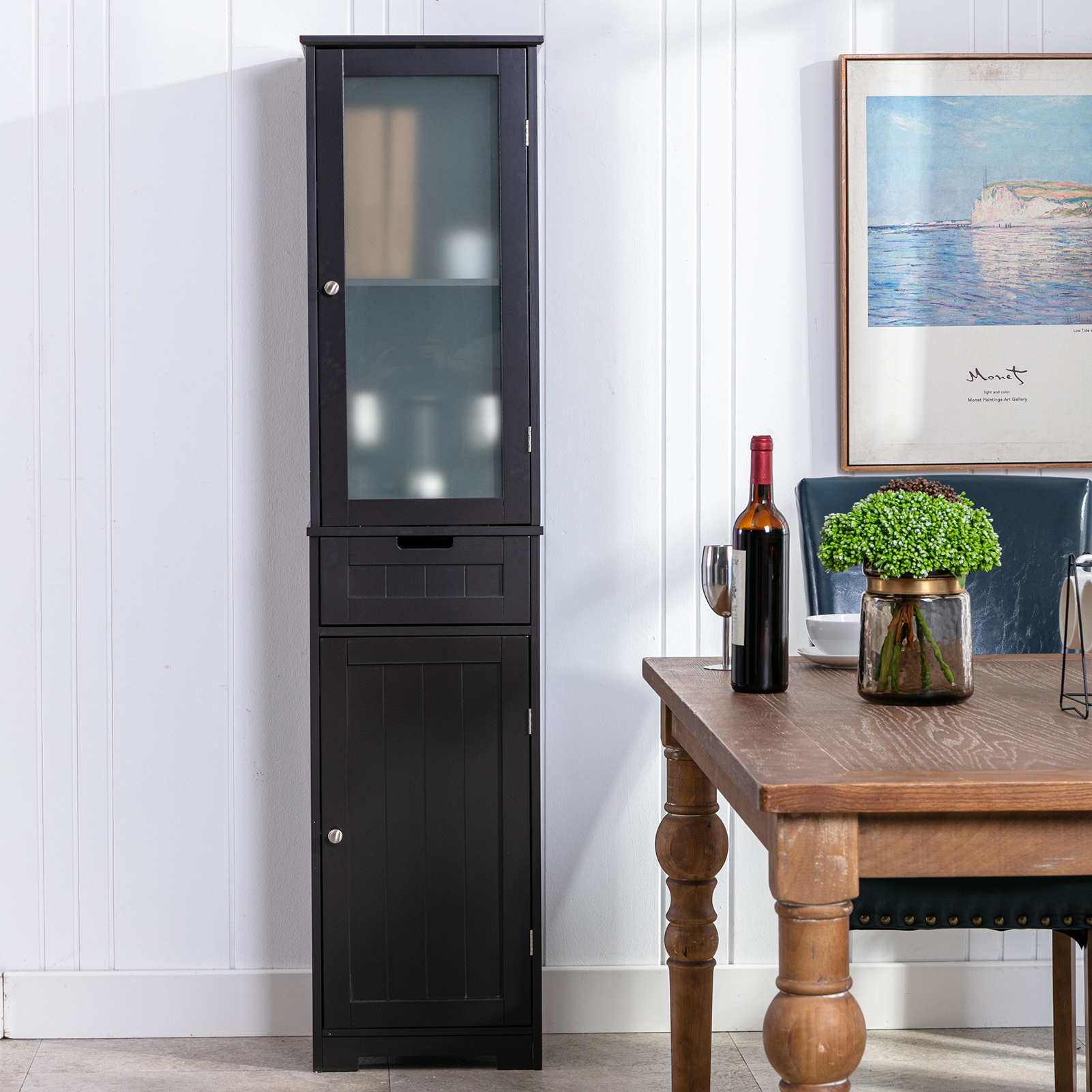 CAIDI Bathroom Storage Cabinet, White Linen Cabinet, Narrow Tall Cabinet Storage Tower with Door and Drawer for Kitchen Living Room
