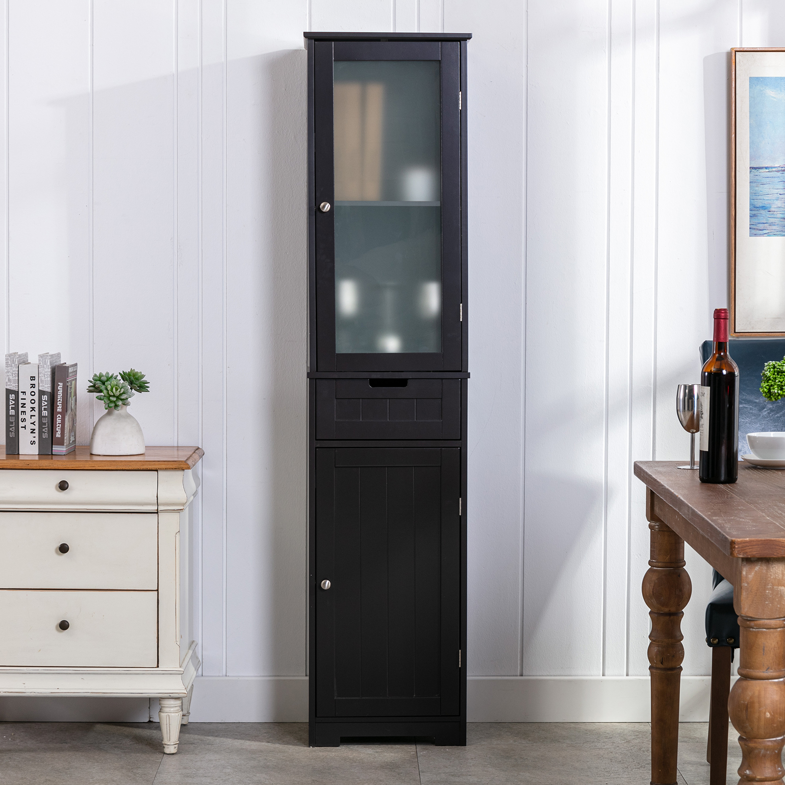CAIDI Bathroom Storage Cabinet, White Linen Cabinet, Narrow Tall Cabinet Storage Tower with Door and Drawer for Kitchen Living Room