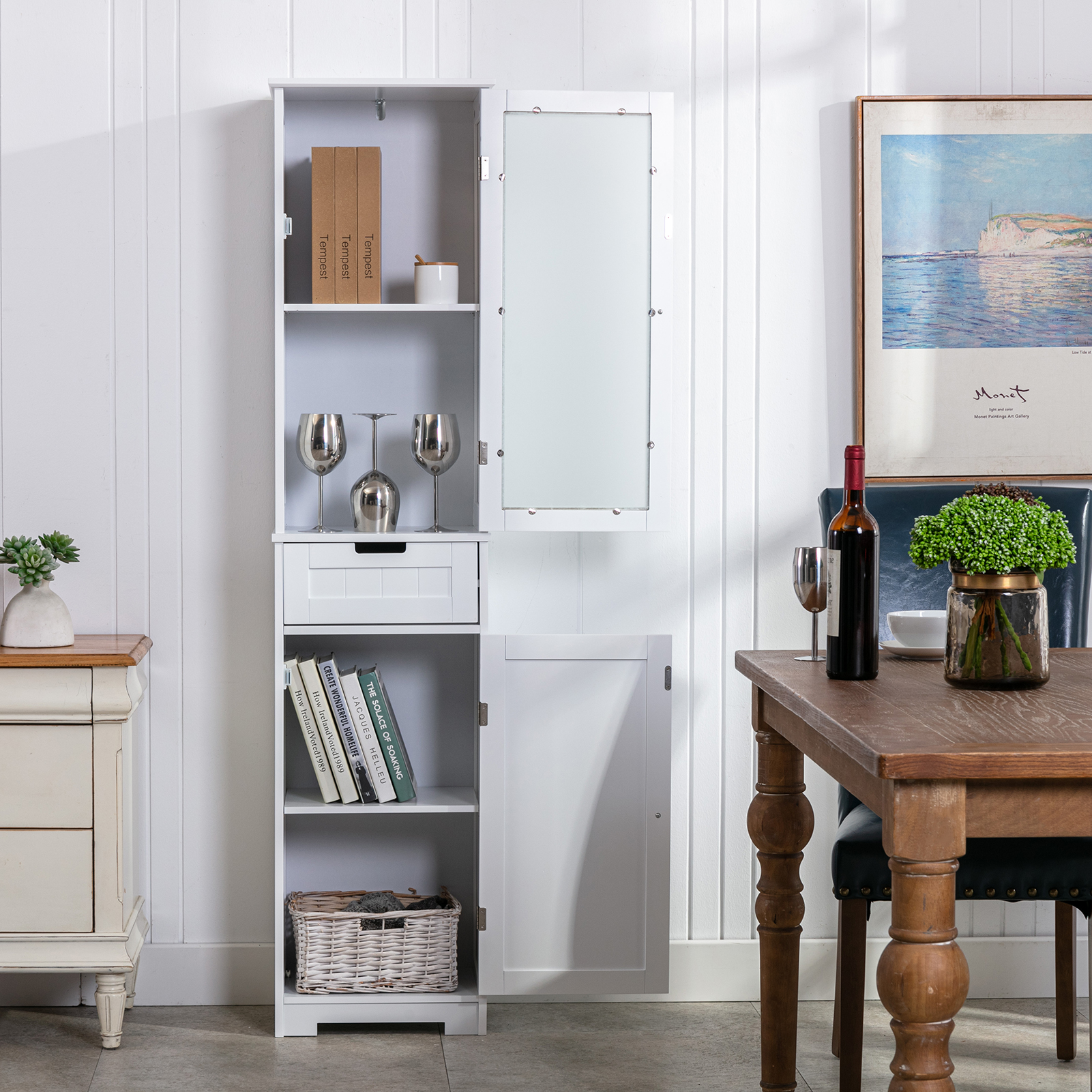 CAIDI Bathroom Storage Cabinet, White Linen Cabinet, Narrow Tall Cabinet Storage Tower with Door and Drawer for Kitchen Living Room