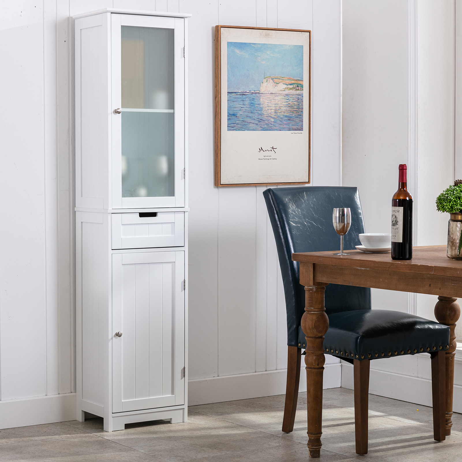CAIDI Bathroom Storage Cabinet, White Linen Cabinet, Narrow Tall Cabinet Storage Tower with Door and Drawer for Kitchen Living Room
