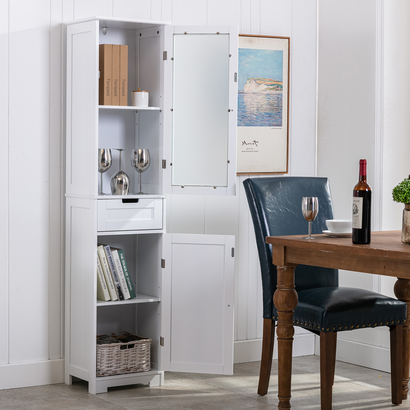 CAIDI Bathroom Storage Cabinet, White Linen Cabinet, Narrow Tall Cabinet Storage Tower with Door and Drawer for Kitchen Living Room