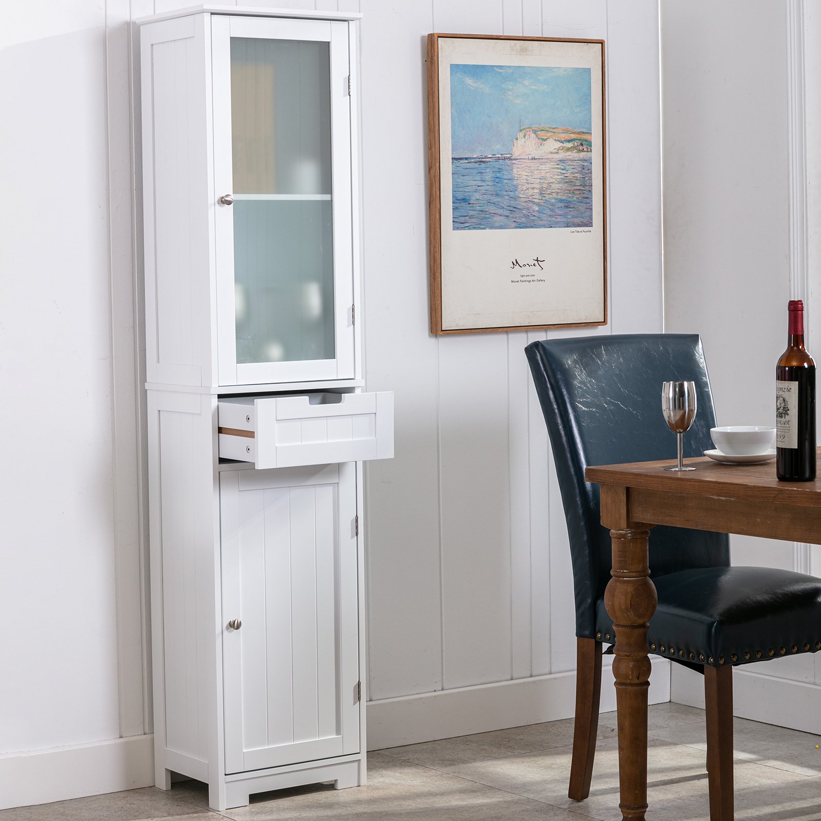 CAIDI Bathroom Storage Cabinet, White Linen Cabinet, Narrow Tall Cabinet Storage Tower with Door and Drawer for Kitchen Living Room
