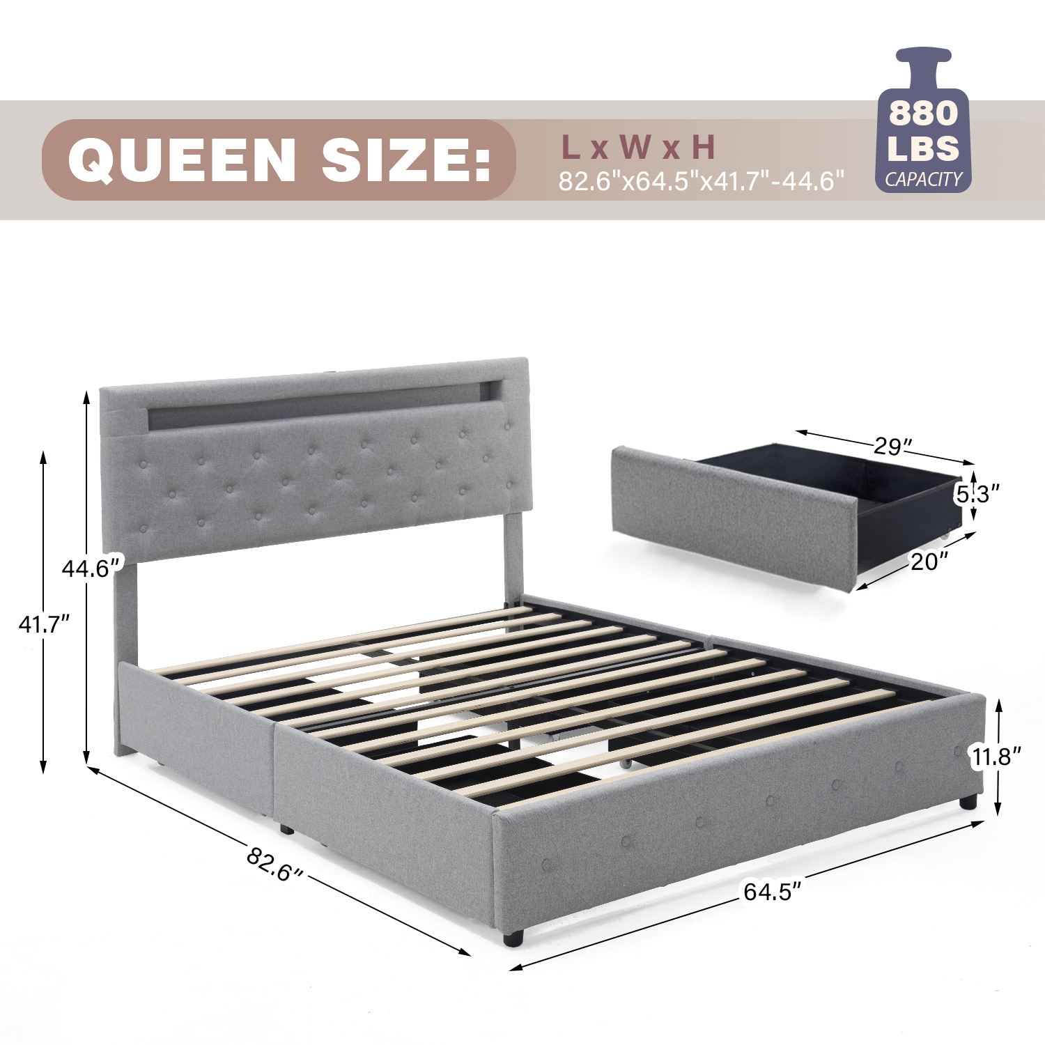 QUEEN Size Bed Frame with LED Light Headboard, Upholstered Platform Bed with 4 Drawers, Adjustable LED Lights Headboard