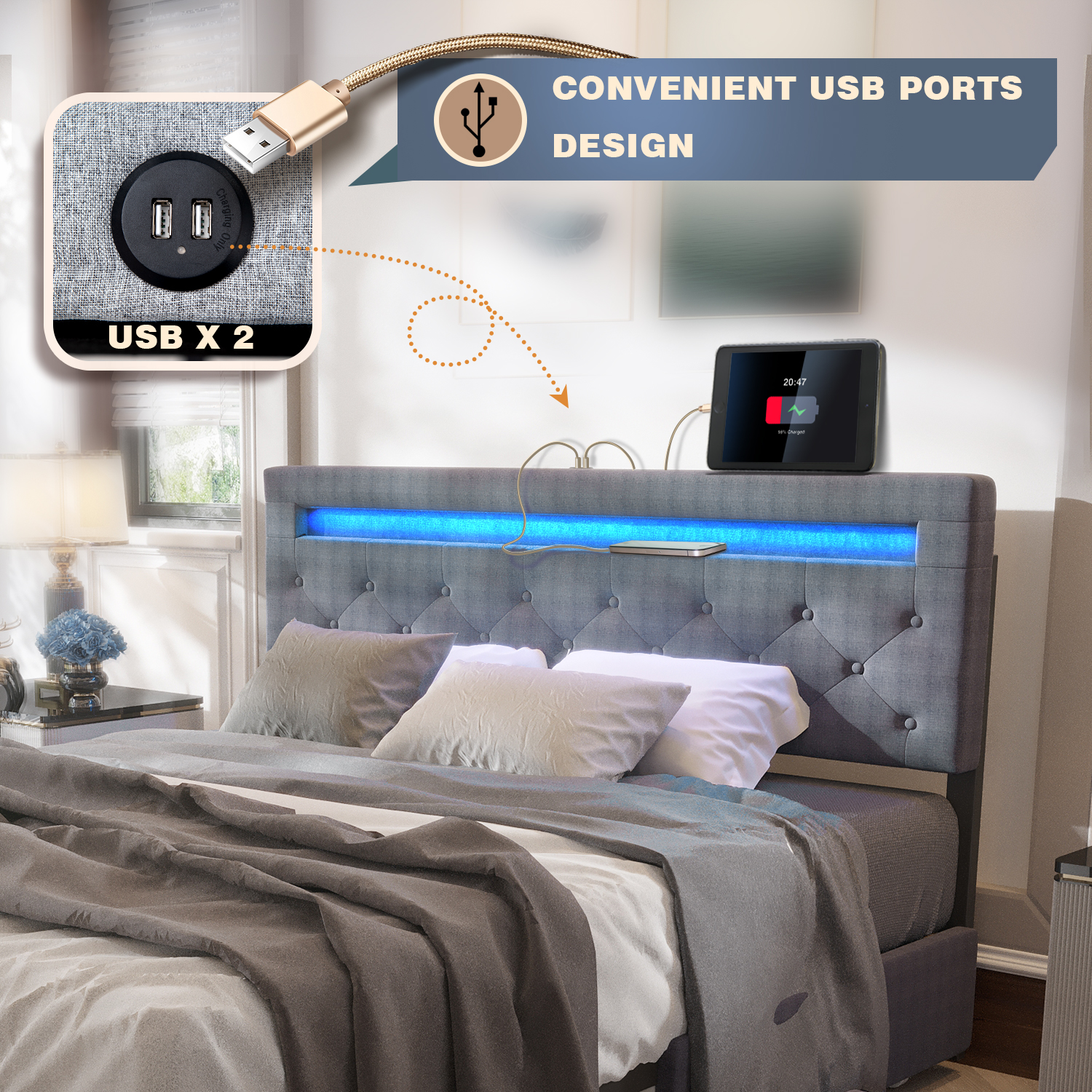 QUEEN Size Bed Frame with LED Light Headboard, Upholstered Platform Bed with 4 Drawers, Adjustable LED Lights Headboard