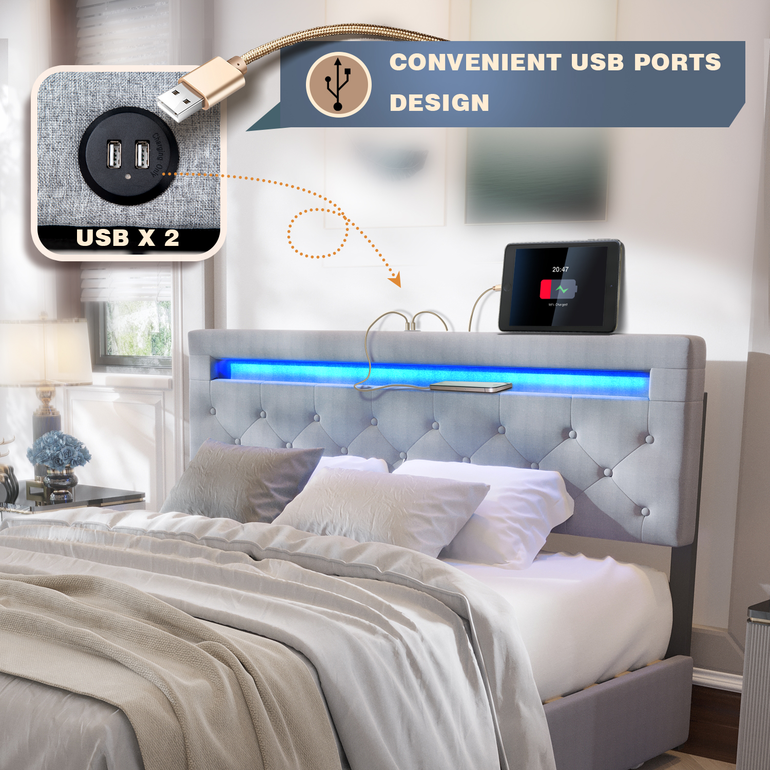 QUEEN Size Bed Frame with LED Light Headboard, Upholstered Platform Bed with 4 Drawers, Adjustable LED Lights Headboard