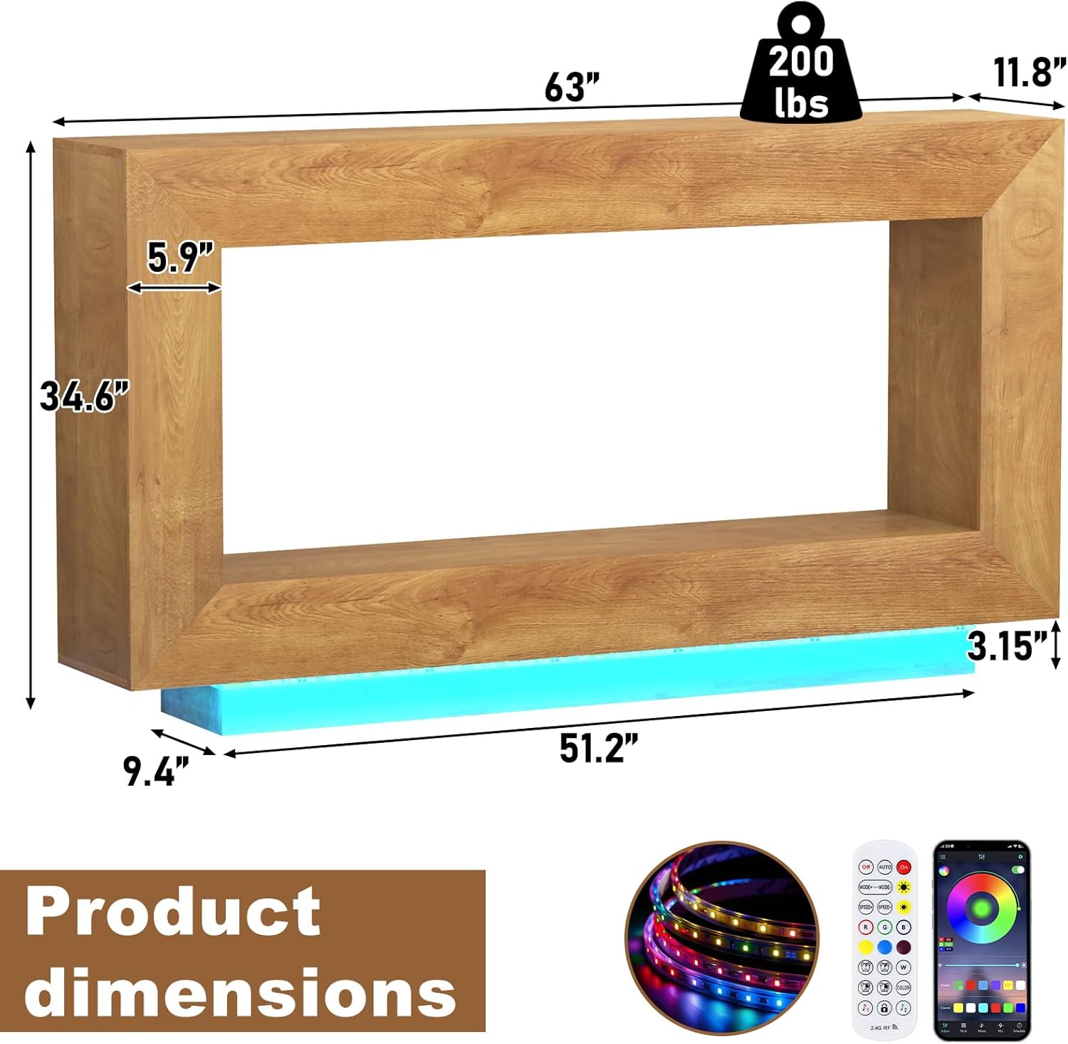 63" Long Farmhouse Console Table, Wood Entryway Accent Table with Storage & LED Lights, Floating Design for Living Room, Entrance, Hallway, Foyer