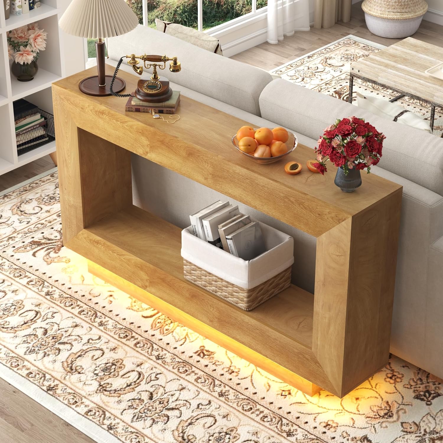 63" Long Farmhouse Console Table, Wood Entryway Accent Table with Storage & LED Lights, Floating Design for Living Room, Entrance, Hallway, Foyer