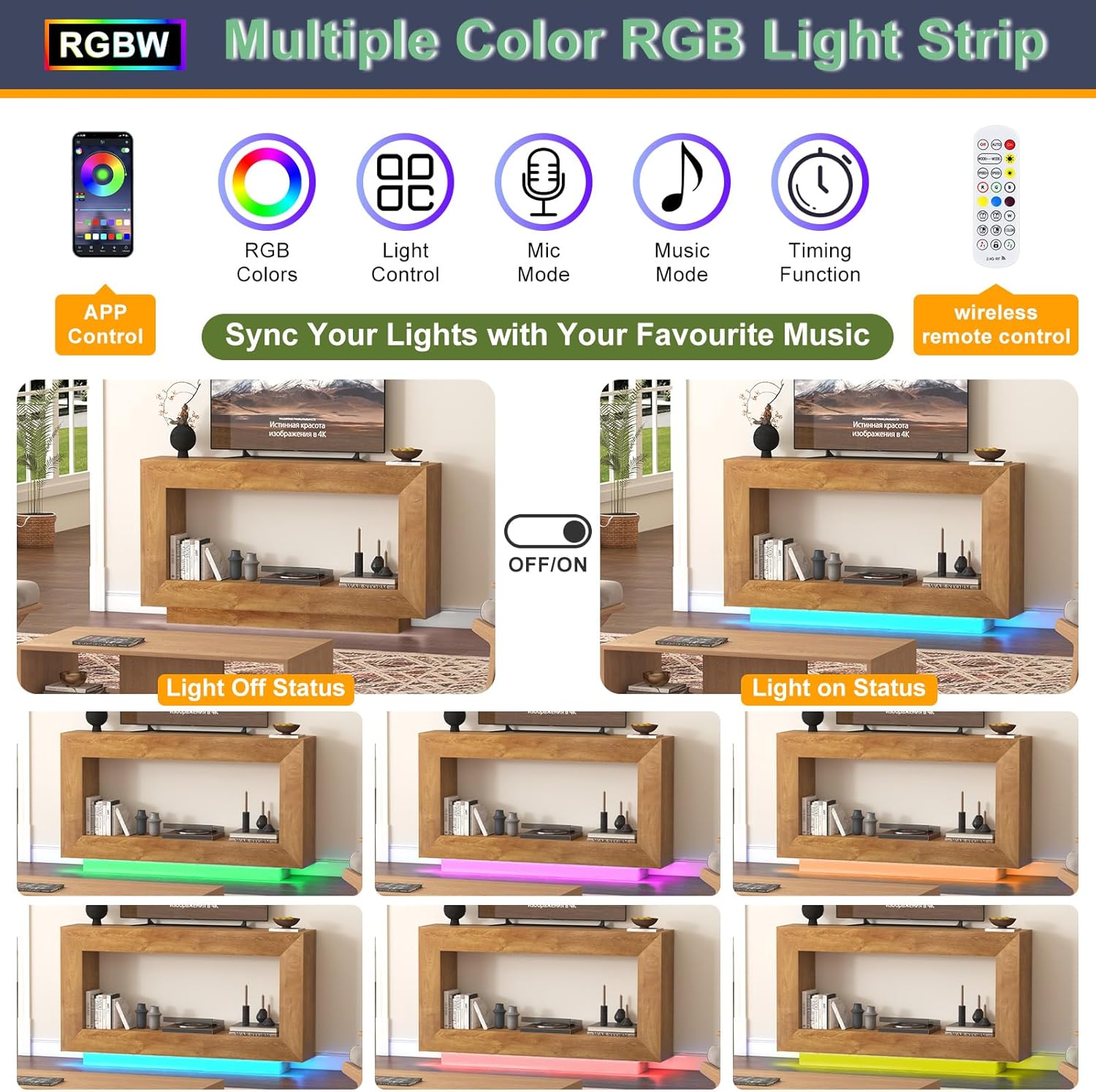 63" Long Farmhouse Console Table, Wood Entryway Accent Table with Storage & LED Lights, Floating Design for Living Room, Entrance, Hallway, Foyer